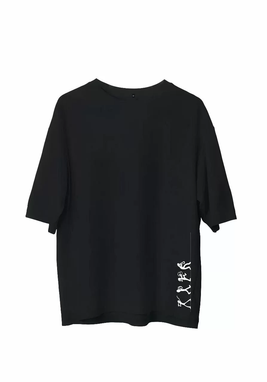Unisex Bisiklet Yaka Baskılı Oversize T-Shirt - Siyah Görseli