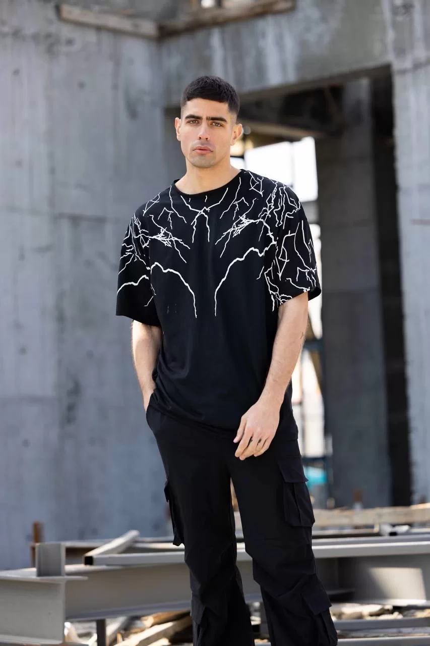 Unisex Bisiklet Yaka Baskılı Oversize T-Shirt - Siyah Görseli