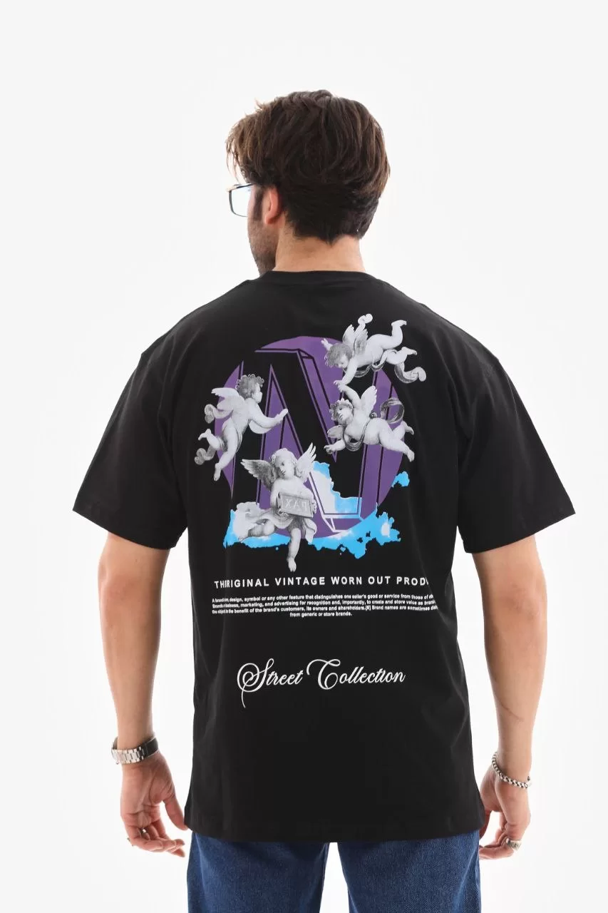 Unisex Bisiklet Yaka Baskılı Oversize T-Shirt - Siyah Görseli