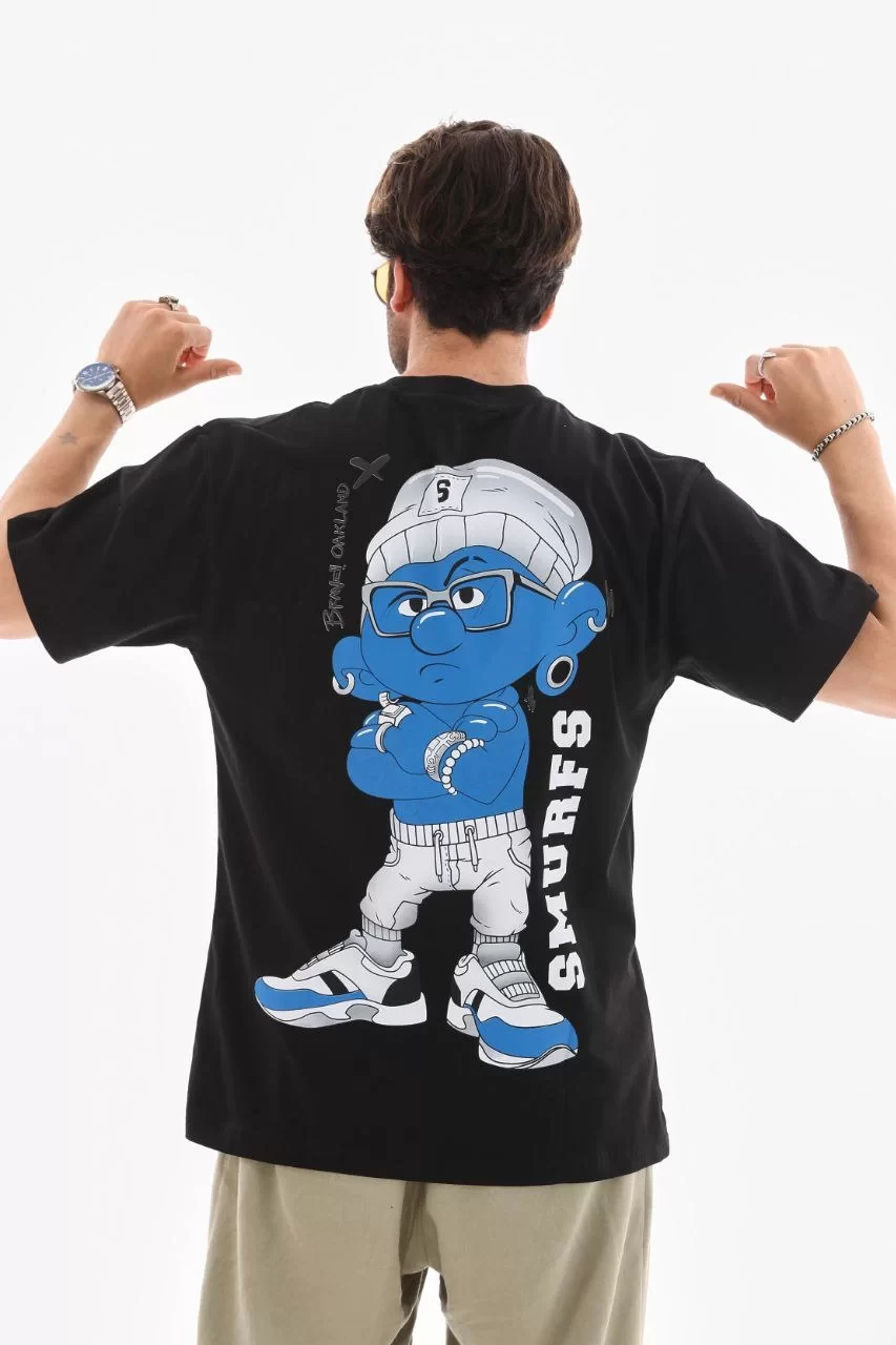 Unisex Bisiklet Yaka Baskılı Oversize T-Shirt - Siyah Görseli