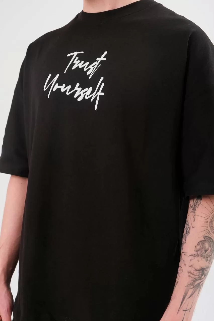 Unisex Bisiklet Yaka Baskılı Oversize T-Shirt - Siyah Görseli
