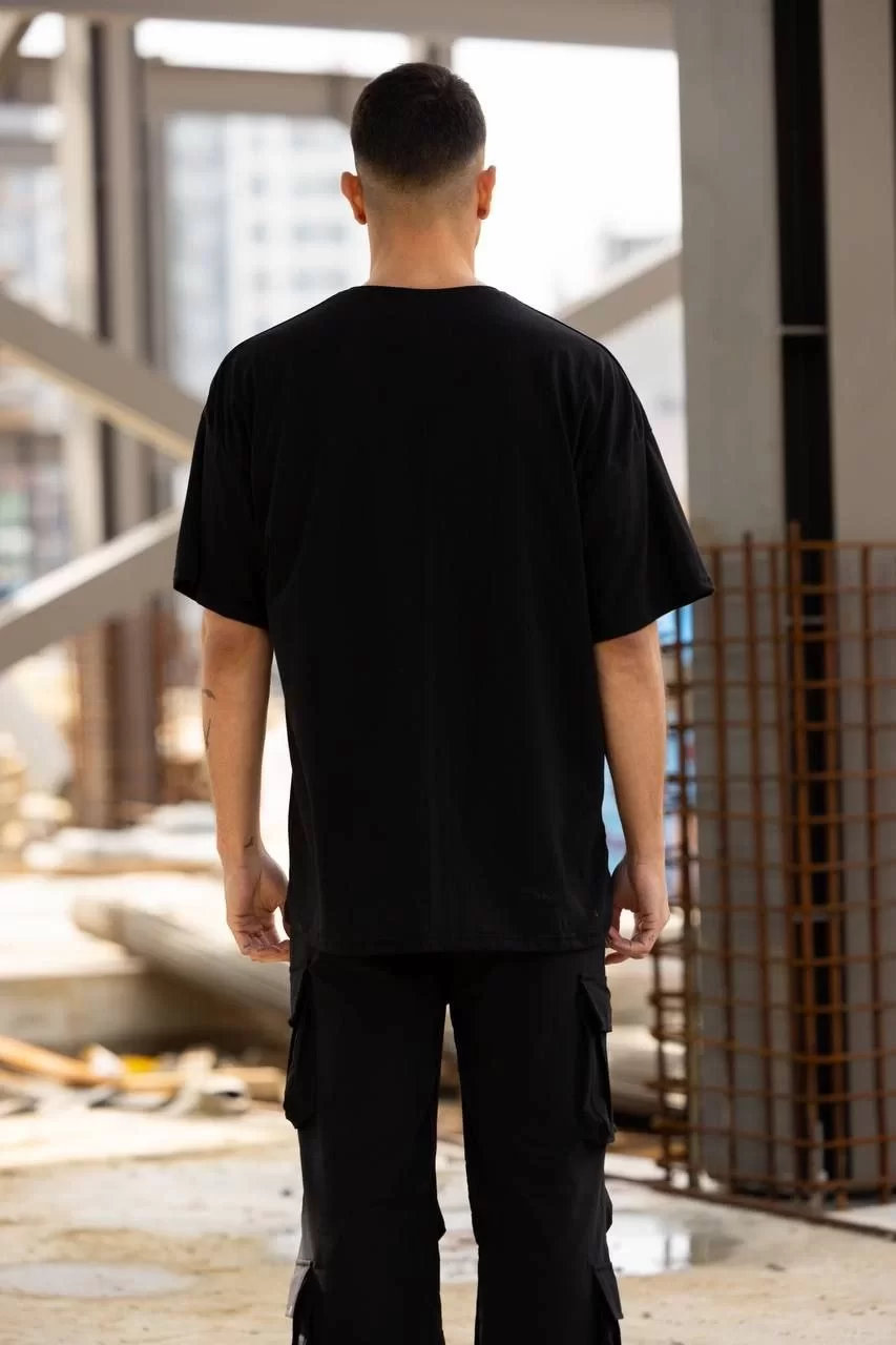 Unisex Bisiklet Yaka Baskılı Oversize T-Shirt - Siyah Görseli