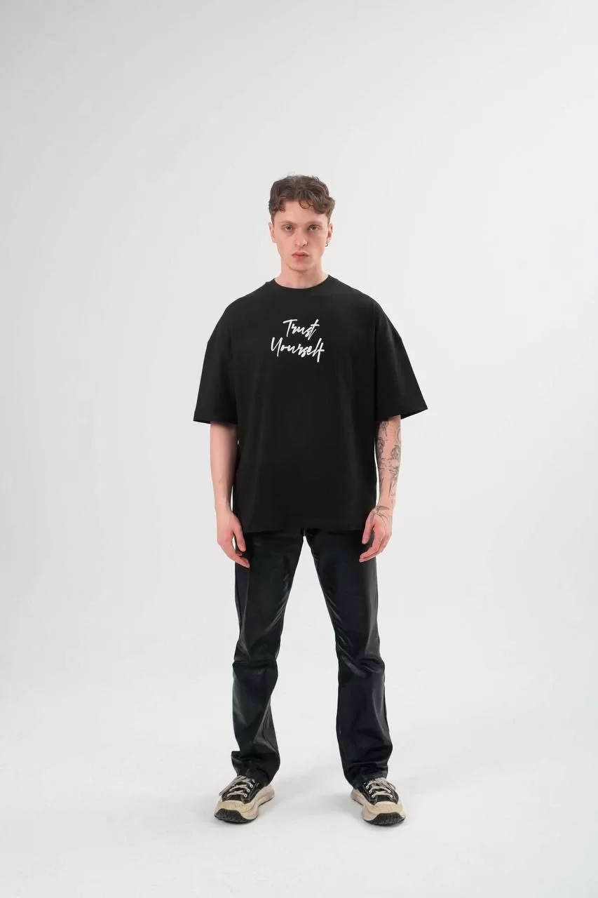 Unisex Bisiklet Yaka Baskılı Oversize T-Shirt - Siyah Görseli