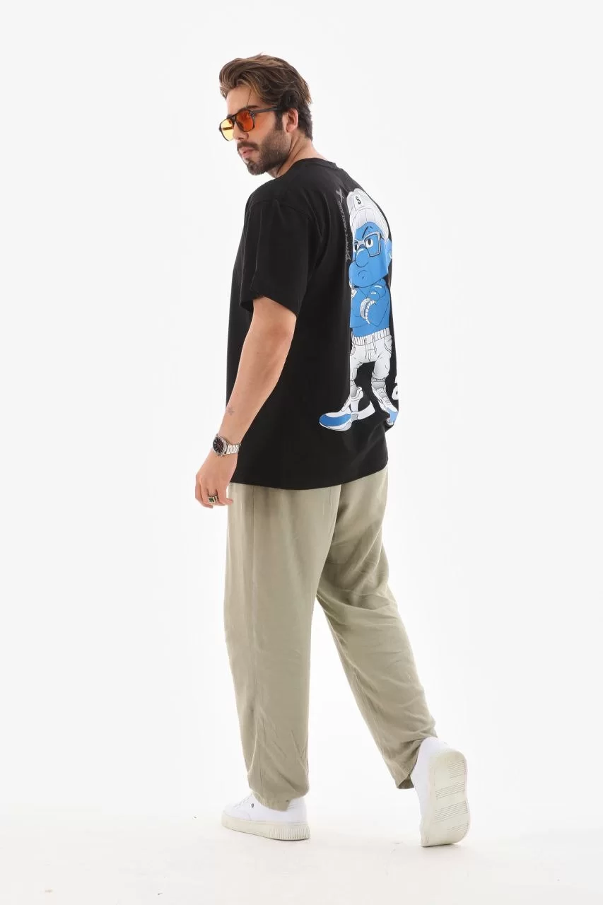 Unisex Bisiklet Yaka Baskılı Oversize T-Shirt - Siyah Görseli