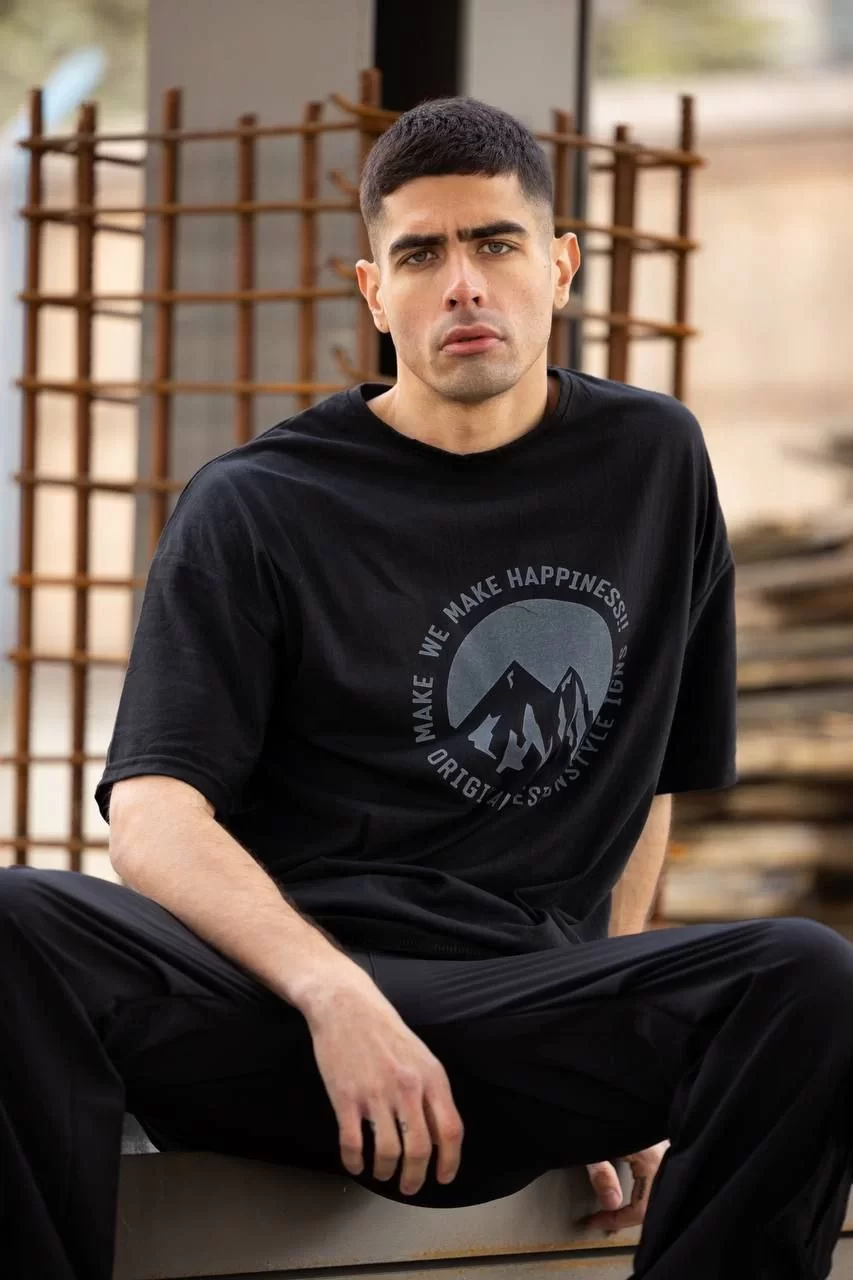 Unisex Bisiklet Yaka Baskılı Oversize T-Shirt - Siyah Görseli