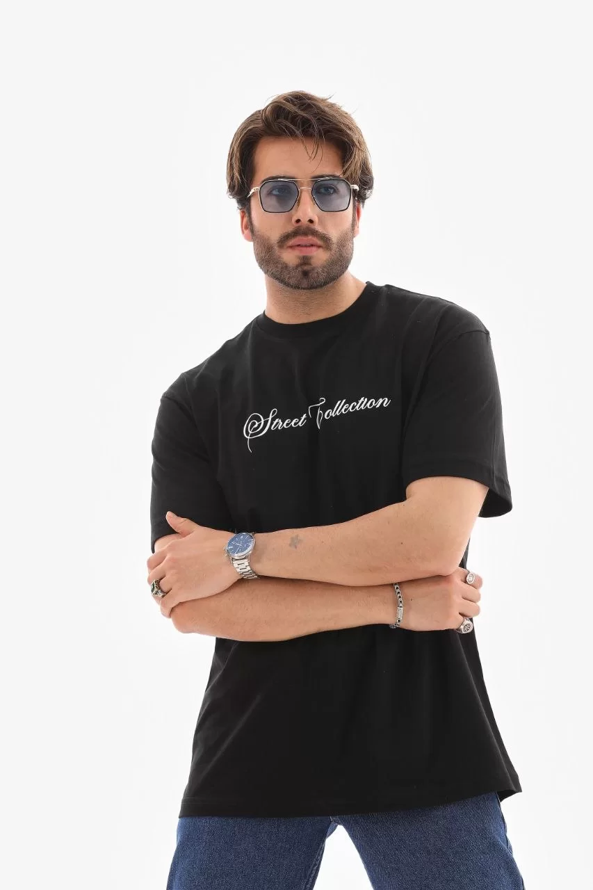 Unisex Bisiklet Yaka Baskılı Oversize T-Shirt - Siyah Görseli