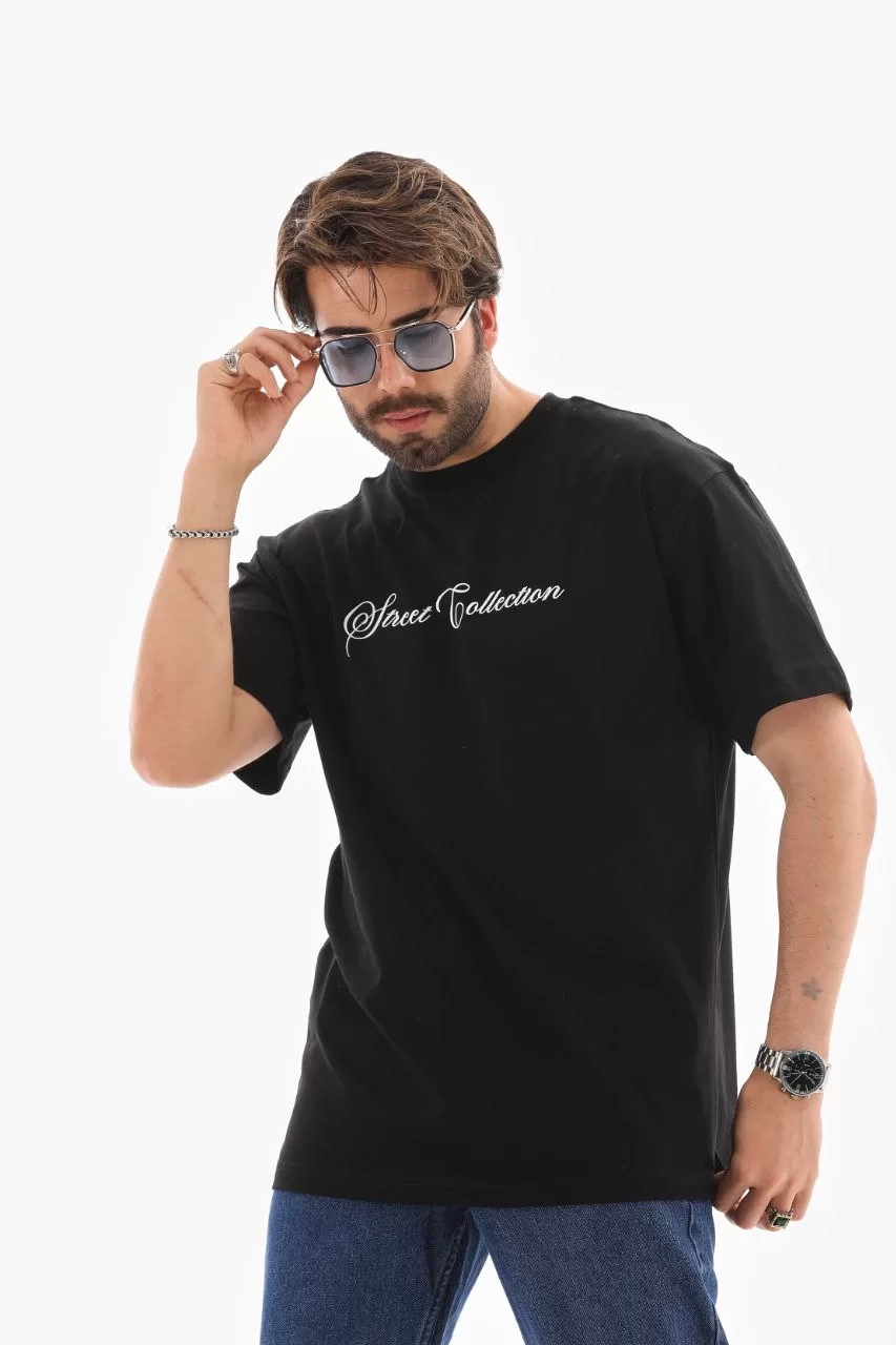 Unisex Bisiklet Yaka Baskılı Oversize T-Shirt - Siyah Görseli