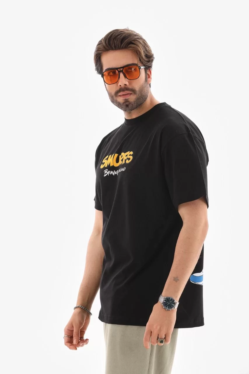 Unisex Bisiklet Yaka Baskılı Oversize T-Shirt - Siyah Görseli