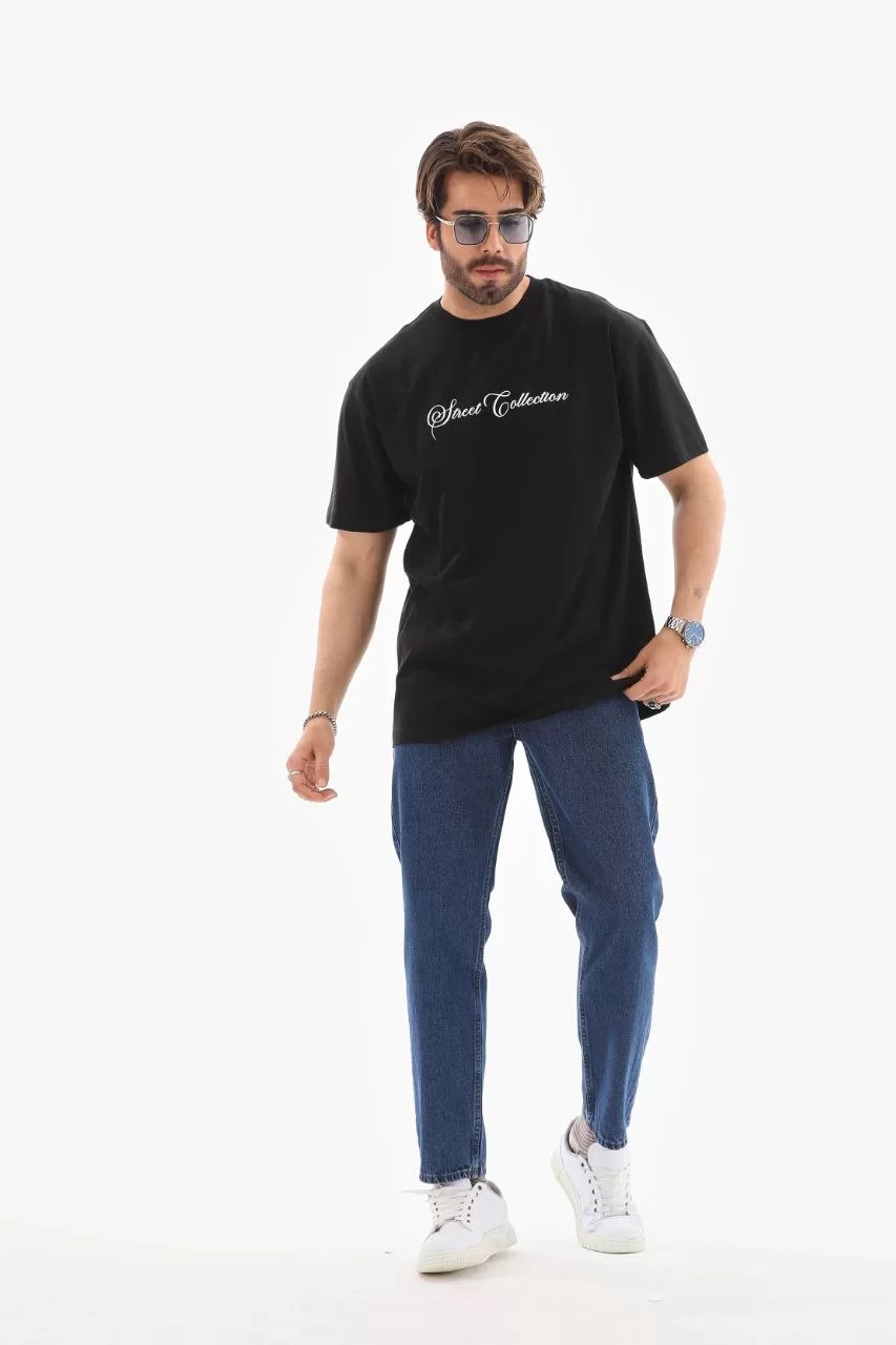 Unisex Bisiklet Yaka Baskılı Oversize T-Shirt - Siyah Görseli