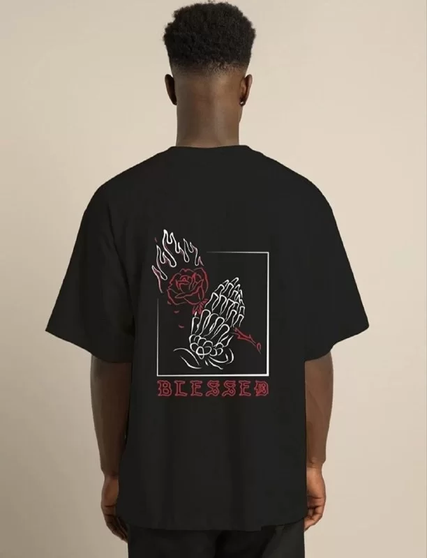 Unisex Bisiklet Yaka Oversize Baskılı T-Shirt - Siyah Görseli