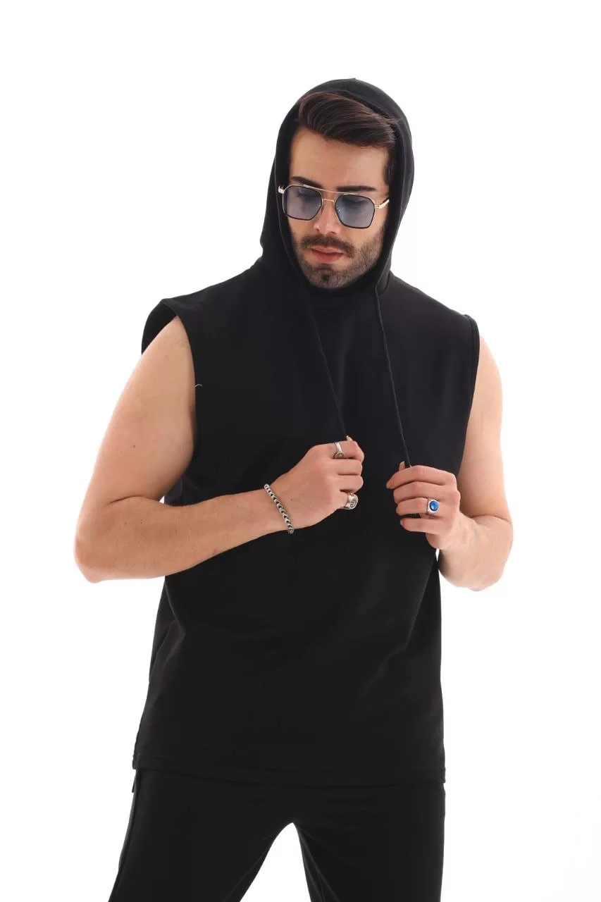 Unisex Kapşonlu Kolsuz Eşofman Takımı- Siyah Görseli