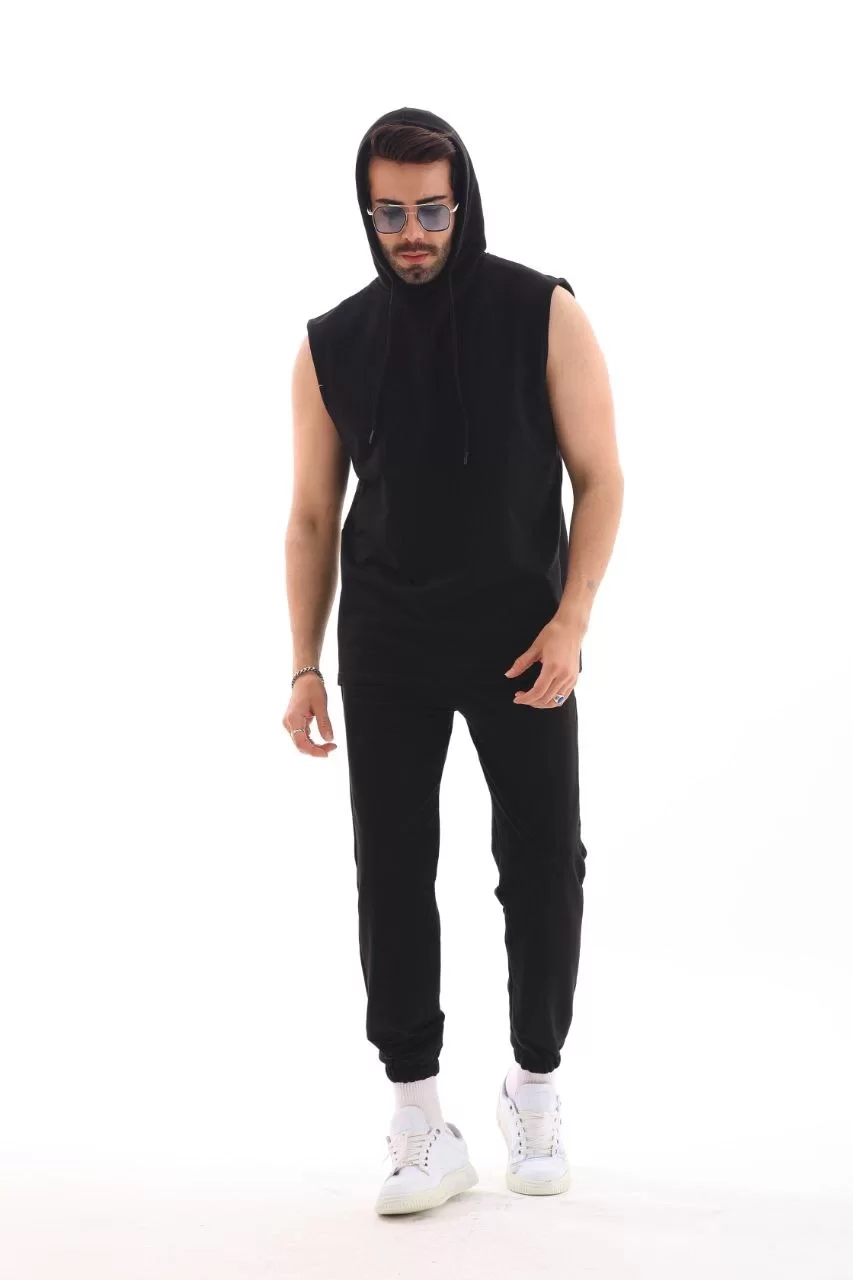 Unisex Kapşonlu Kolsuz Eşofman Takımı- Siyah Görseli