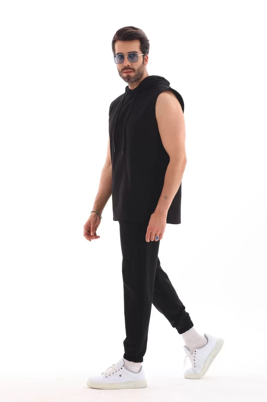 Unisex Kapşonlu Kolsuz Eşofman Takımı- Siyah Görseli
