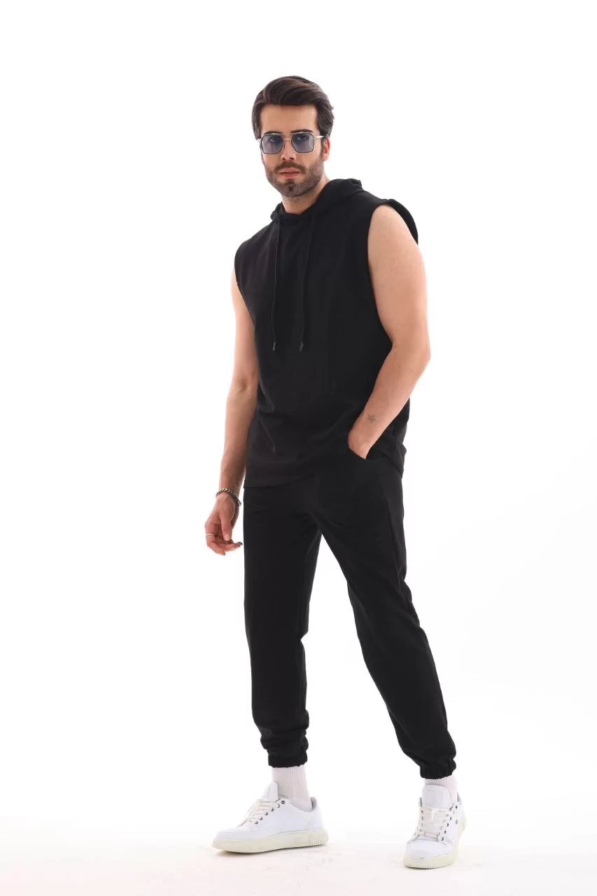 Unisex Kapşonlu Kolsuz Eşofman Takımı- Siyah Görseli