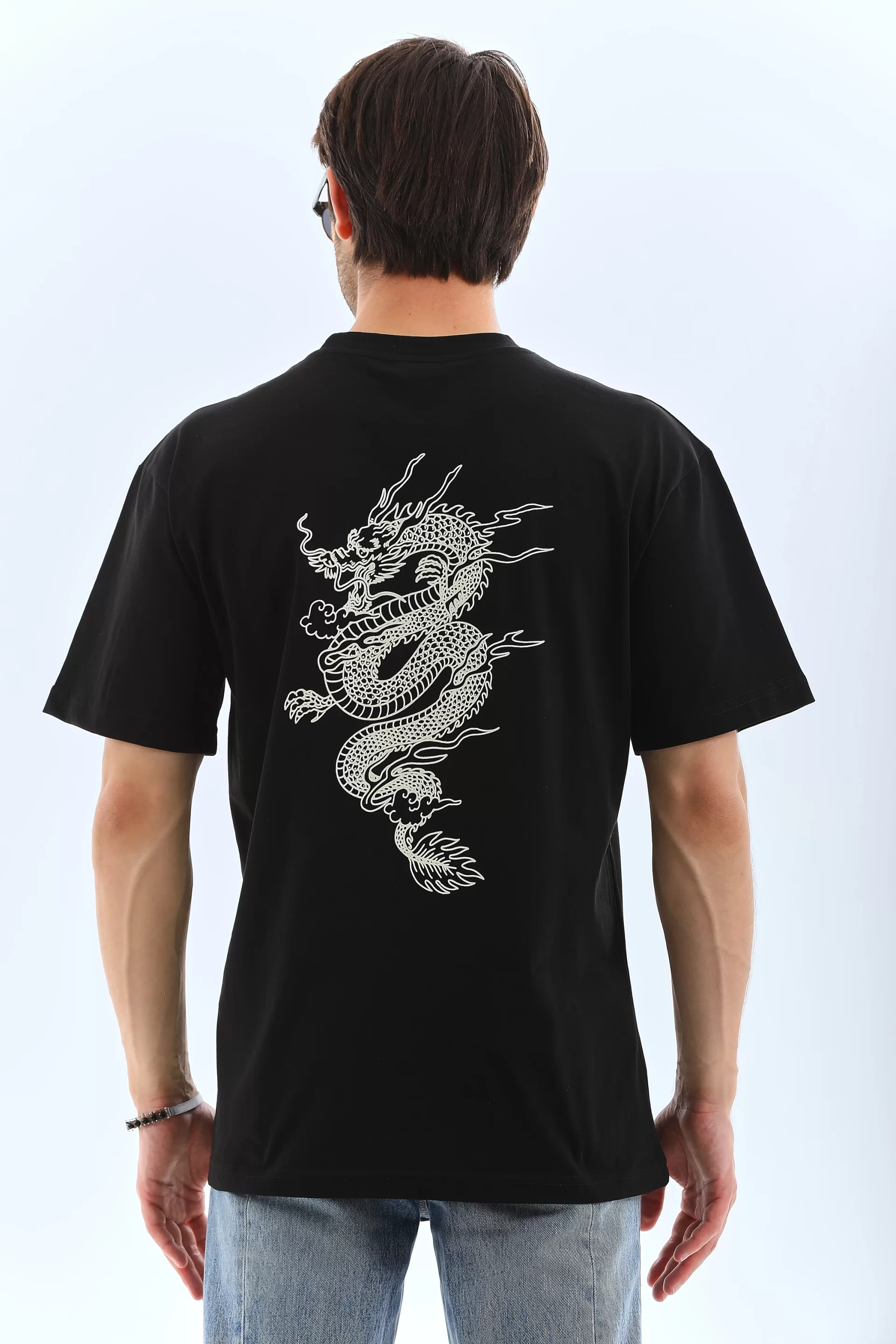 Unisex Oversize Baskılı Bisiklet Yaka T-Shirt - Siyah Görseli