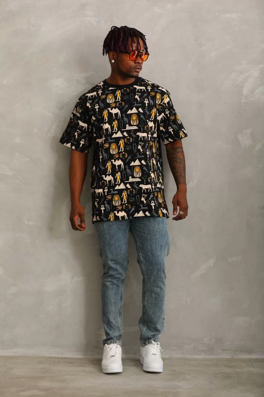 Unisex Oversize Baskılı Bisiklet Yaka T-Shirt - Siyah Görseli