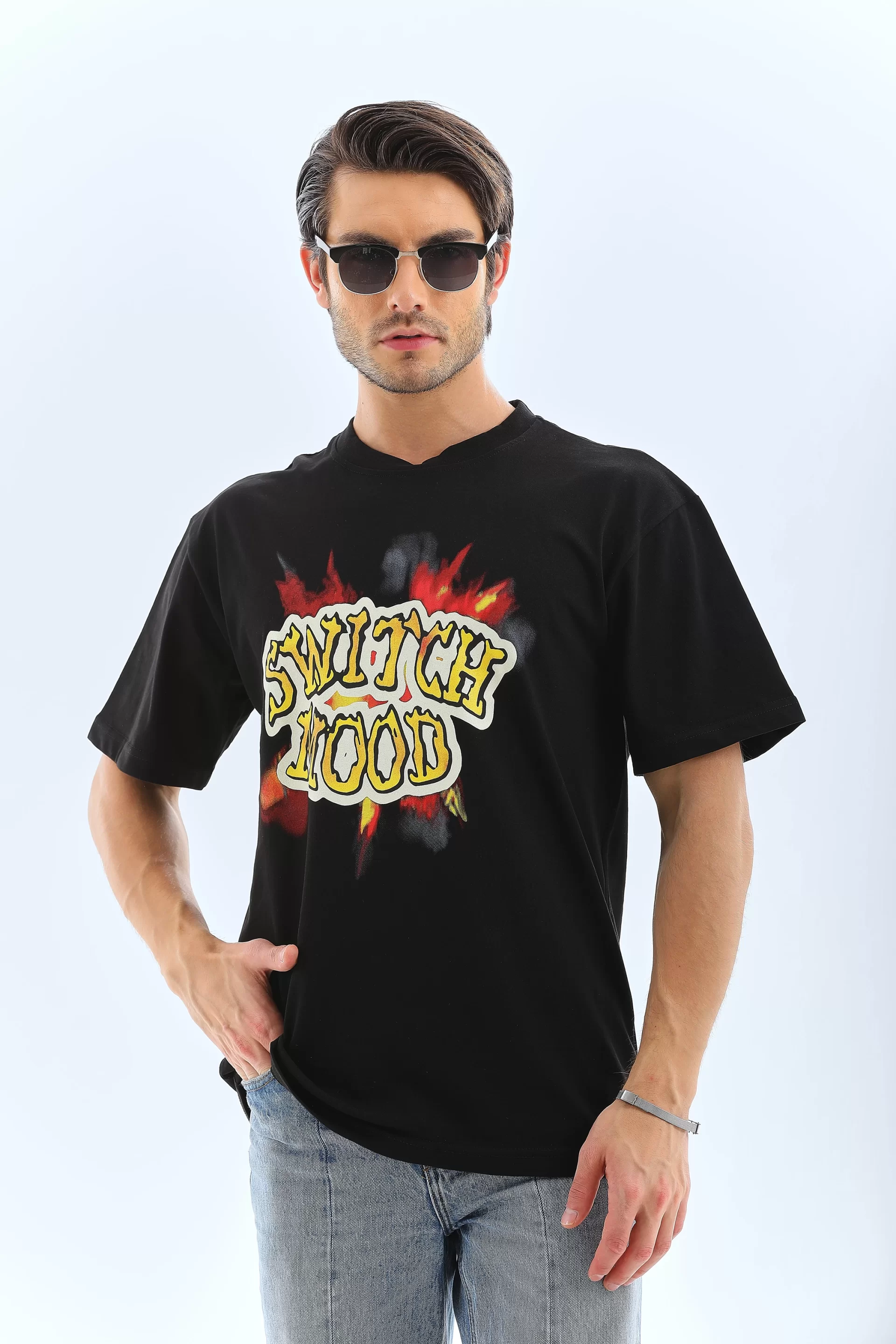 Unisex Oversize Baskılı Bisiklet Yaka T-Shirt - Siyah Görseli