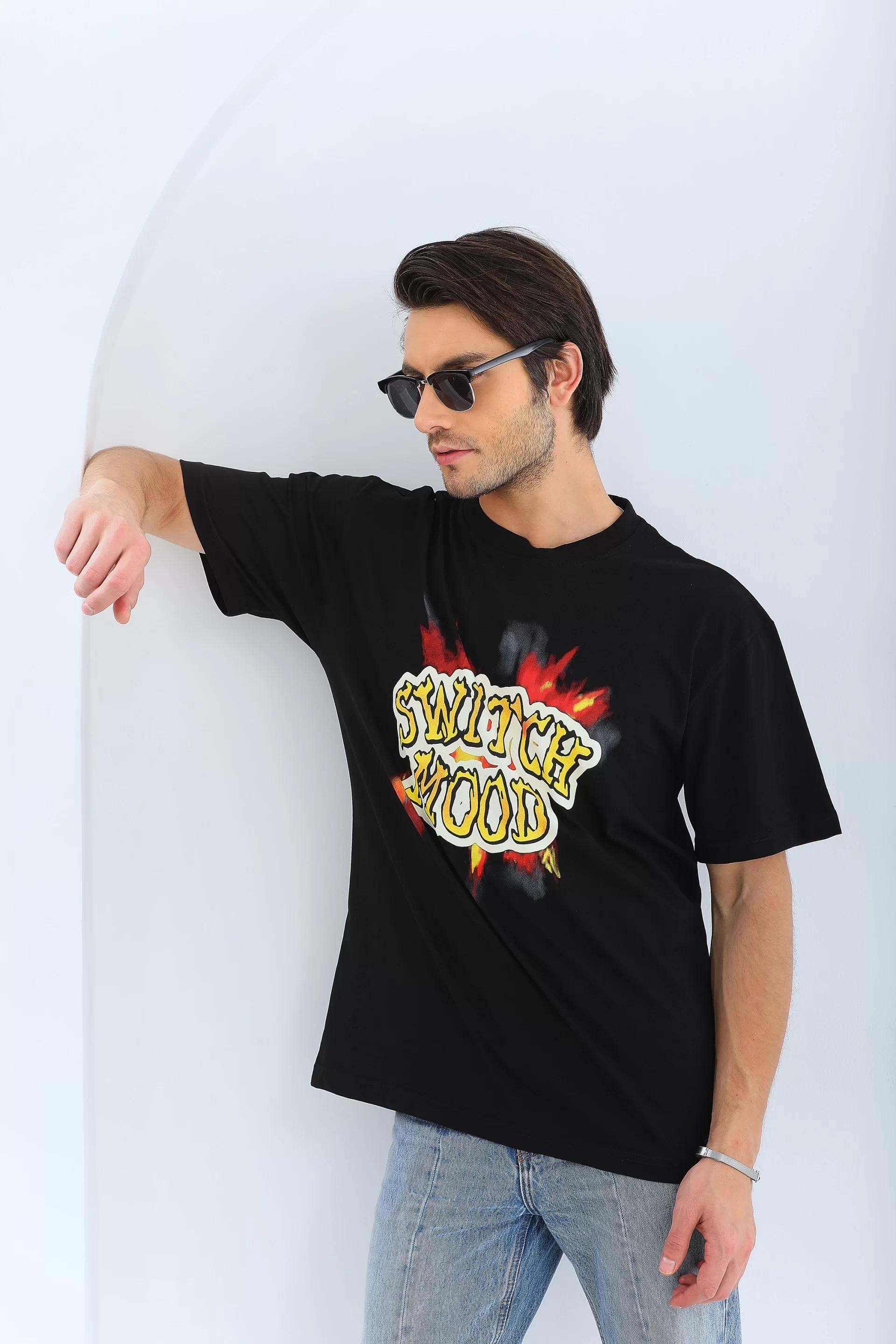 Unisex Oversize Baskılı Bisiklet Yaka T-Shirt - Siyah Görseli
