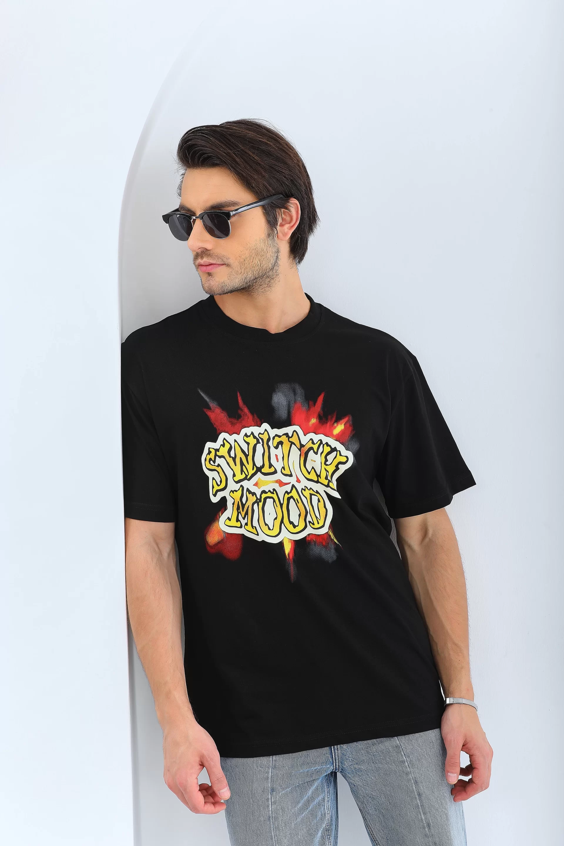 Unisex Oversize Baskılı Bisiklet Yaka T-Shirt - Siyah Görseli