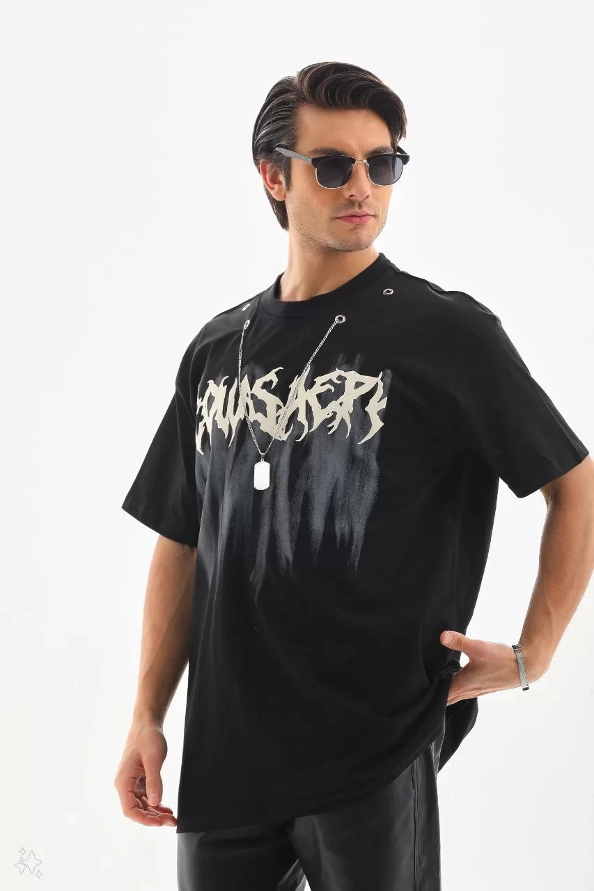 Unisex Oversize Kolye Dahil T-Shirt - Siyah Görseli