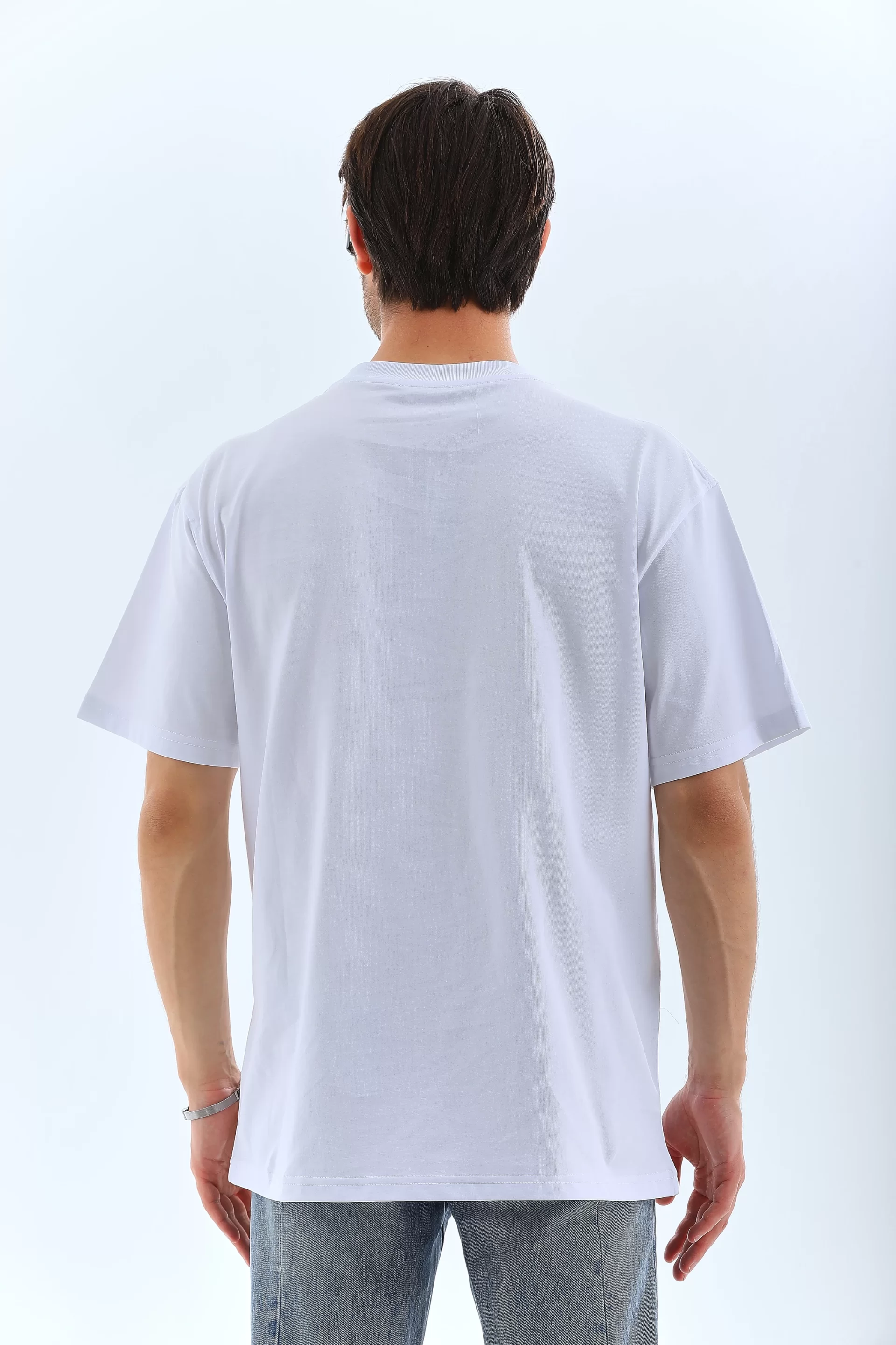 Unisex Oversize Taşlı Bisiklet Yaka T-Shirt - Beyaz Görseli