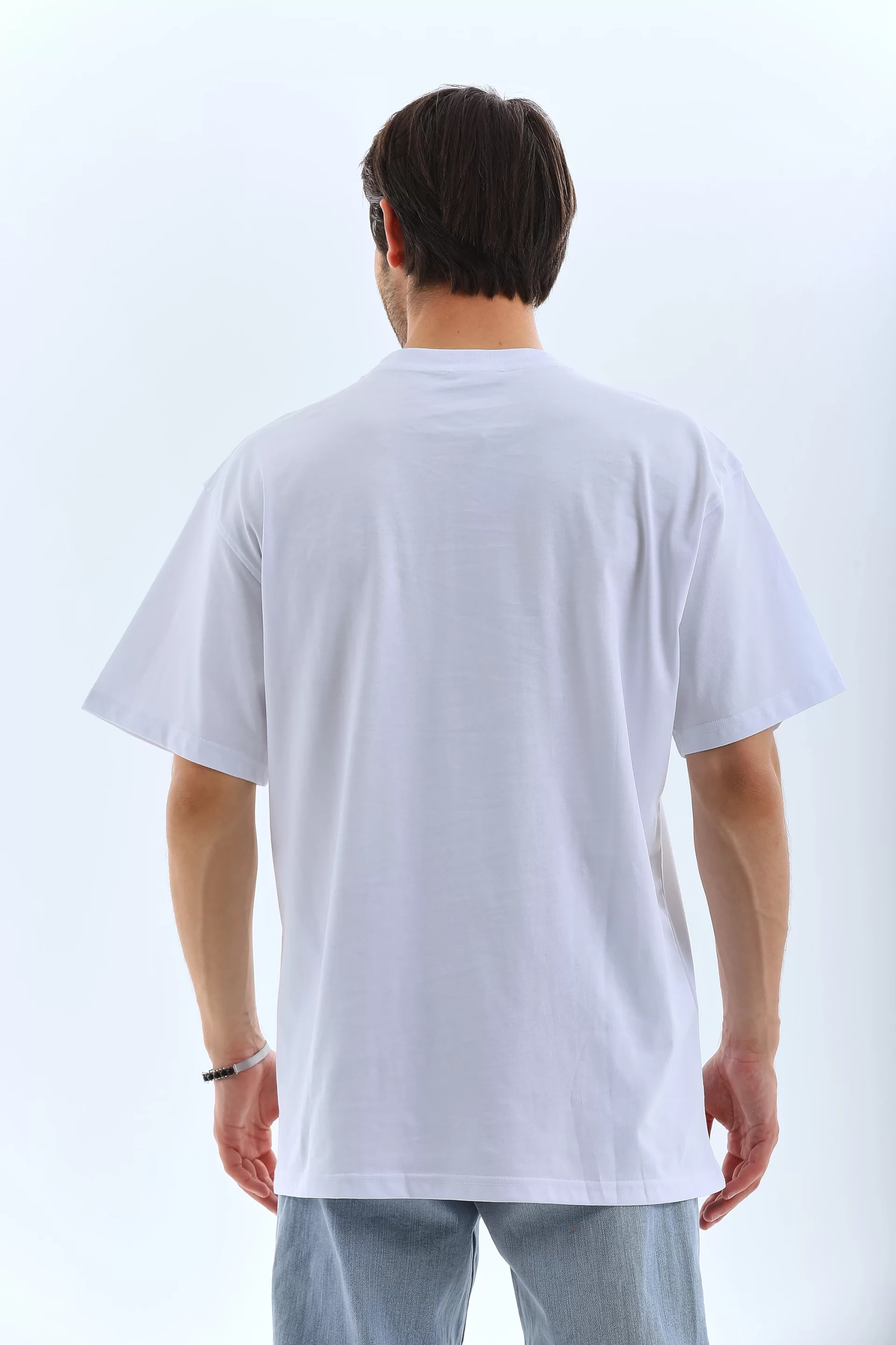 Unisex Oversize Taşlı Bisiklet Yaka T-Shirt - Beyaz Görseli