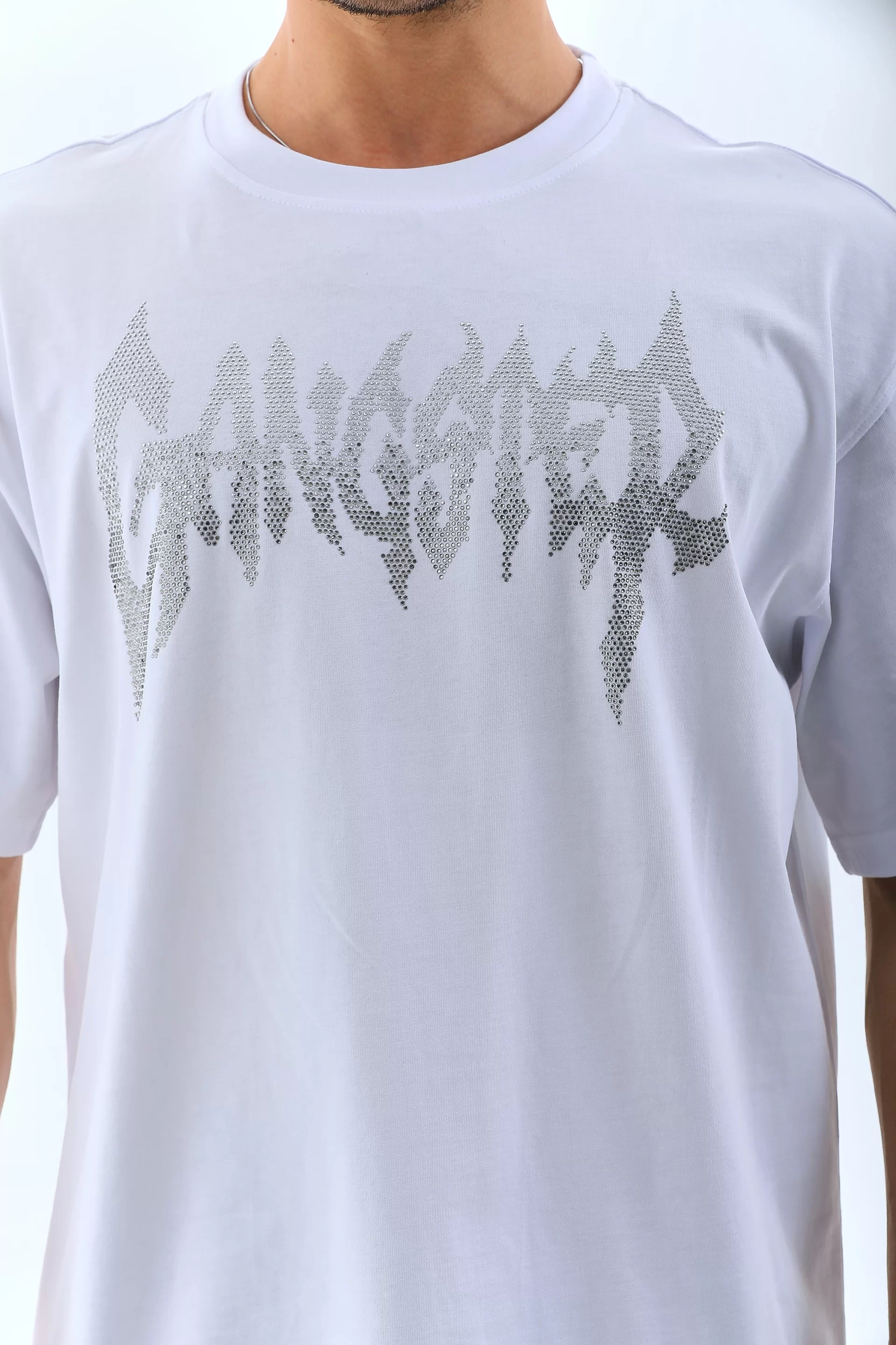 Unisex Oversize Taşlı Bisiklet Yaka T-Shirt - Beyaz Görseli