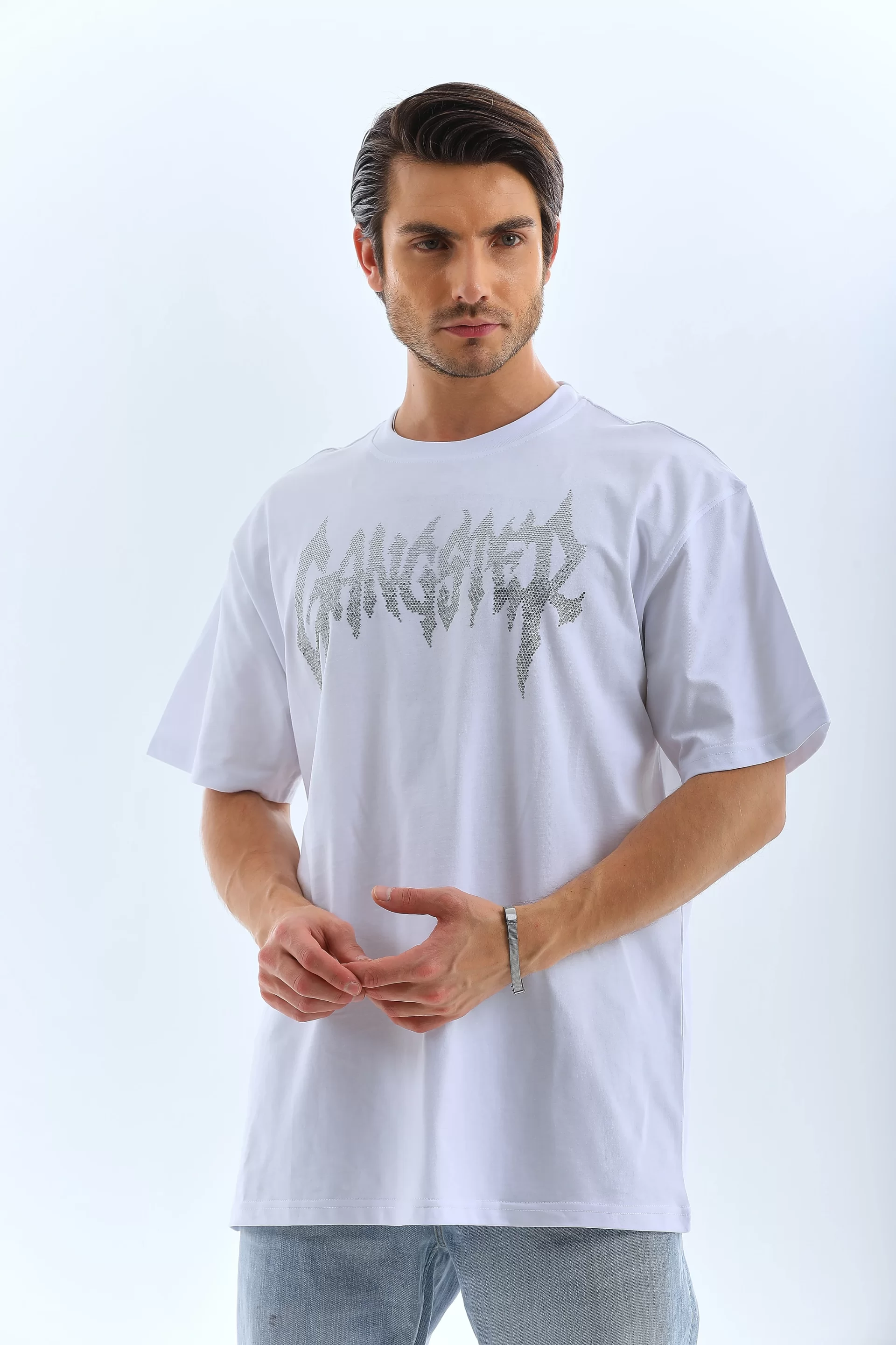 Unisex Oversize Taşlı Bisiklet Yaka T-Shirt - Beyaz Görseli