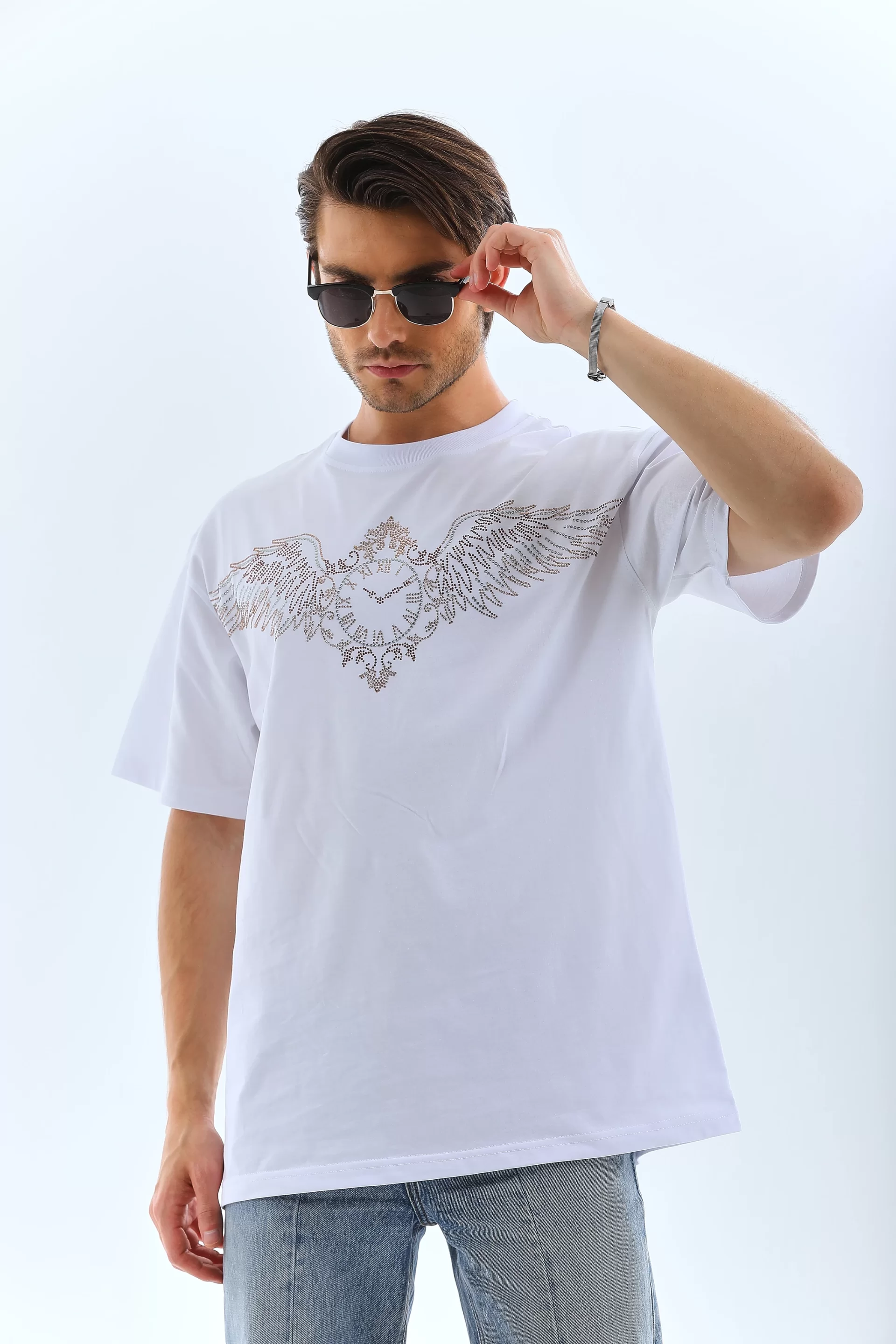 Unisex Oversize Taşlı Bisiklet Yaka T-Shirt - Beyaz Görseli