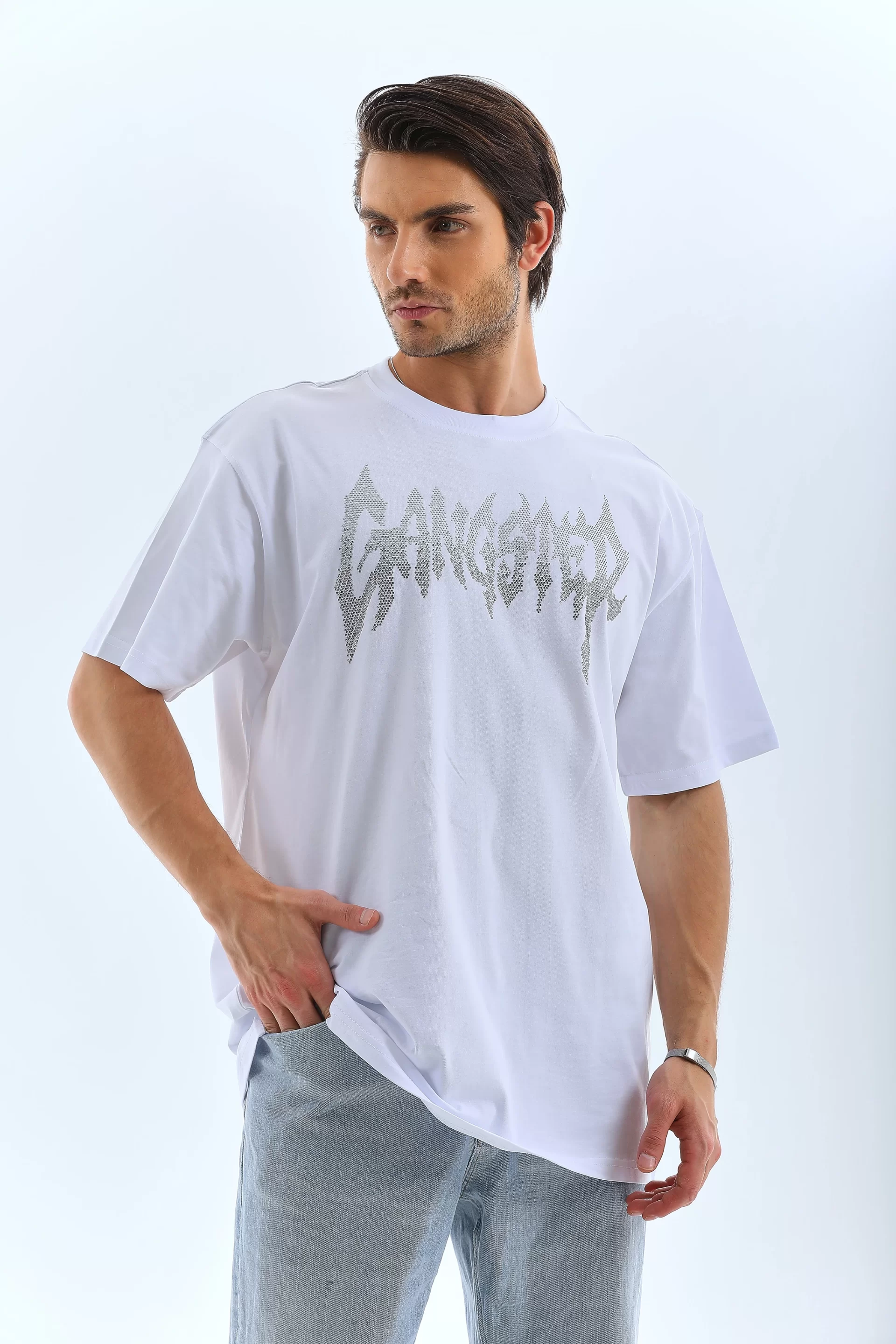 Unisex Oversize Taşlı Bisiklet Yaka T-Shirt - Beyaz Görseli