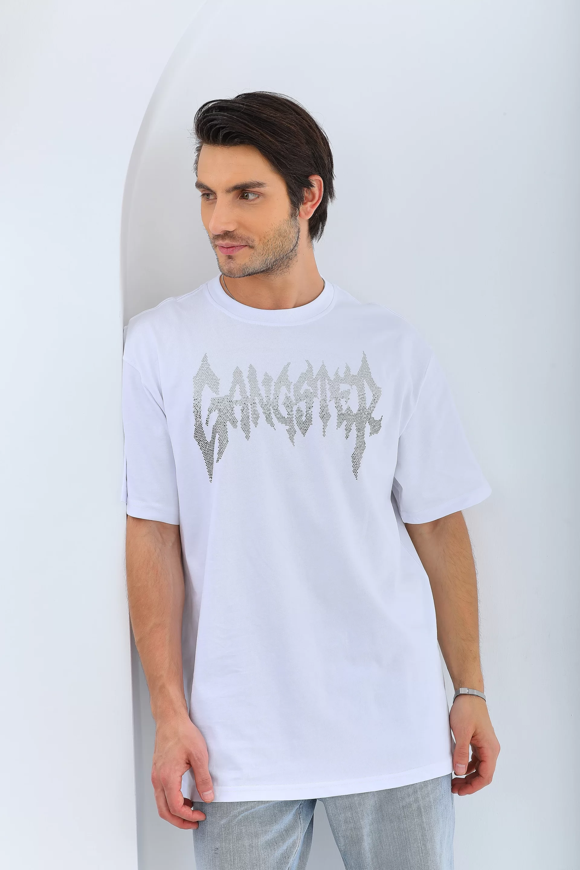 Unisex Oversize Taşlı Bisiklet Yaka T-Shirt - Beyaz Görseli