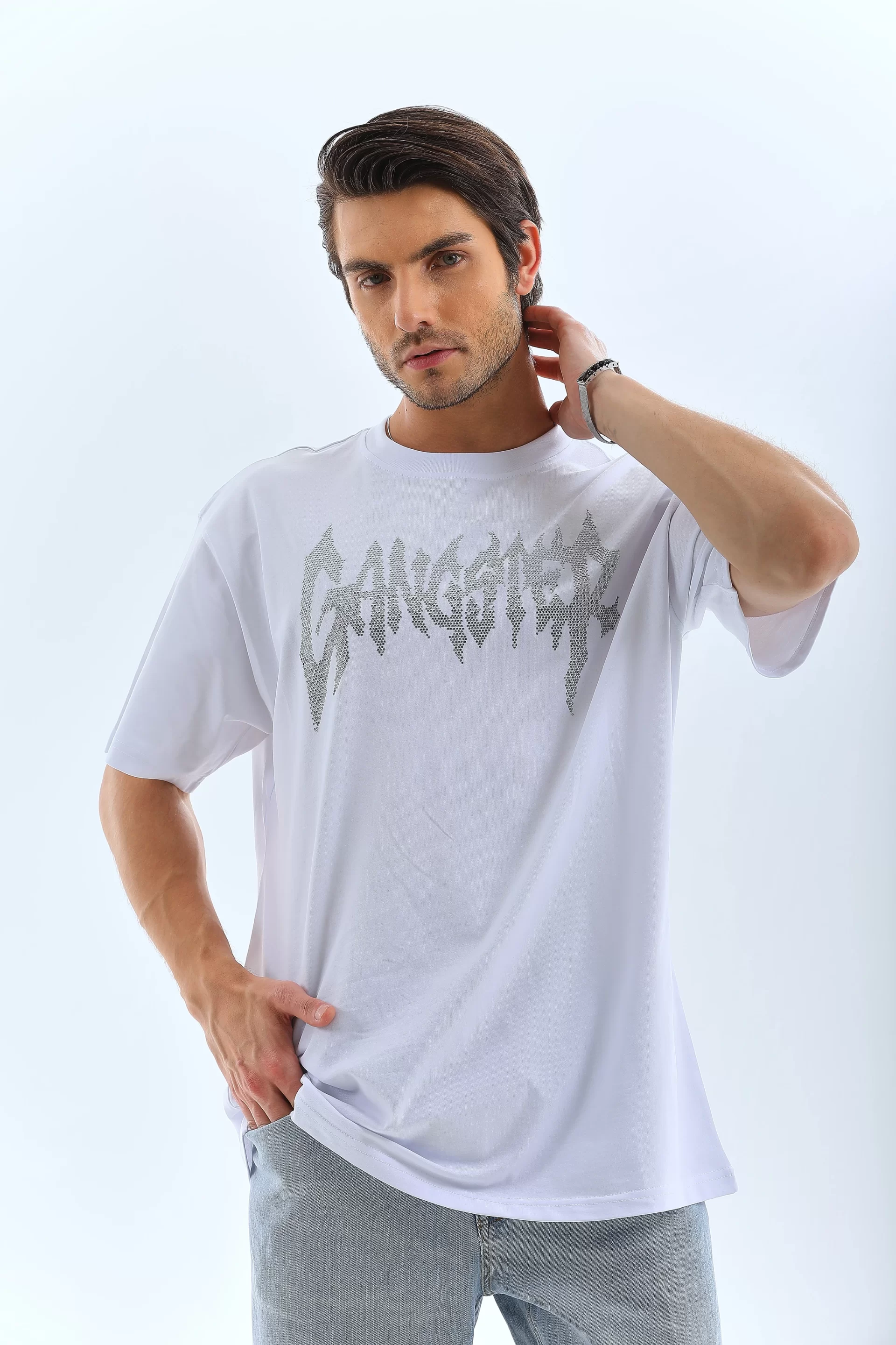 Unisex Oversize Taşlı Bisiklet Yaka T-Shirt - Beyaz Görseli