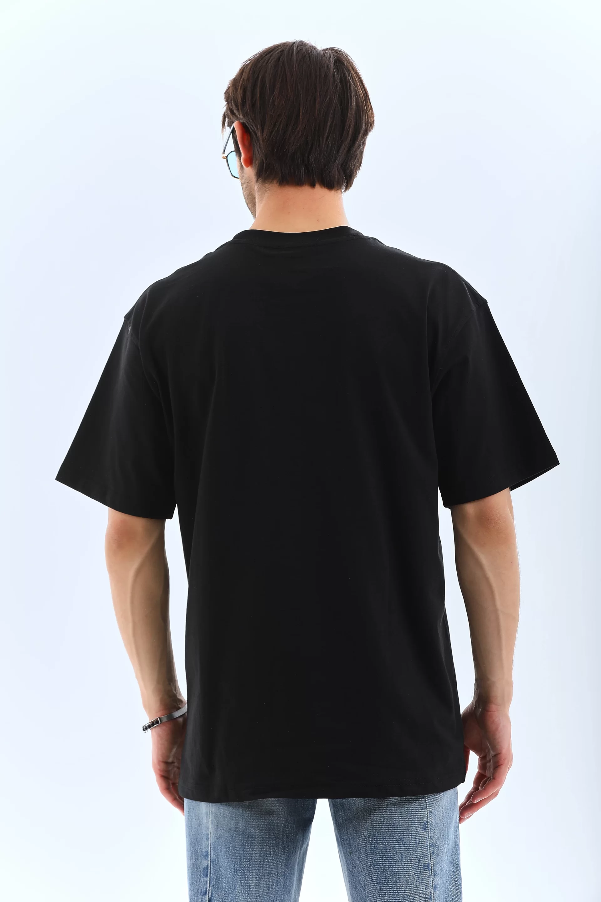 Unisex Oversize Taşlı Bisiklet Yaka T-Shirt - Siyah Görseli