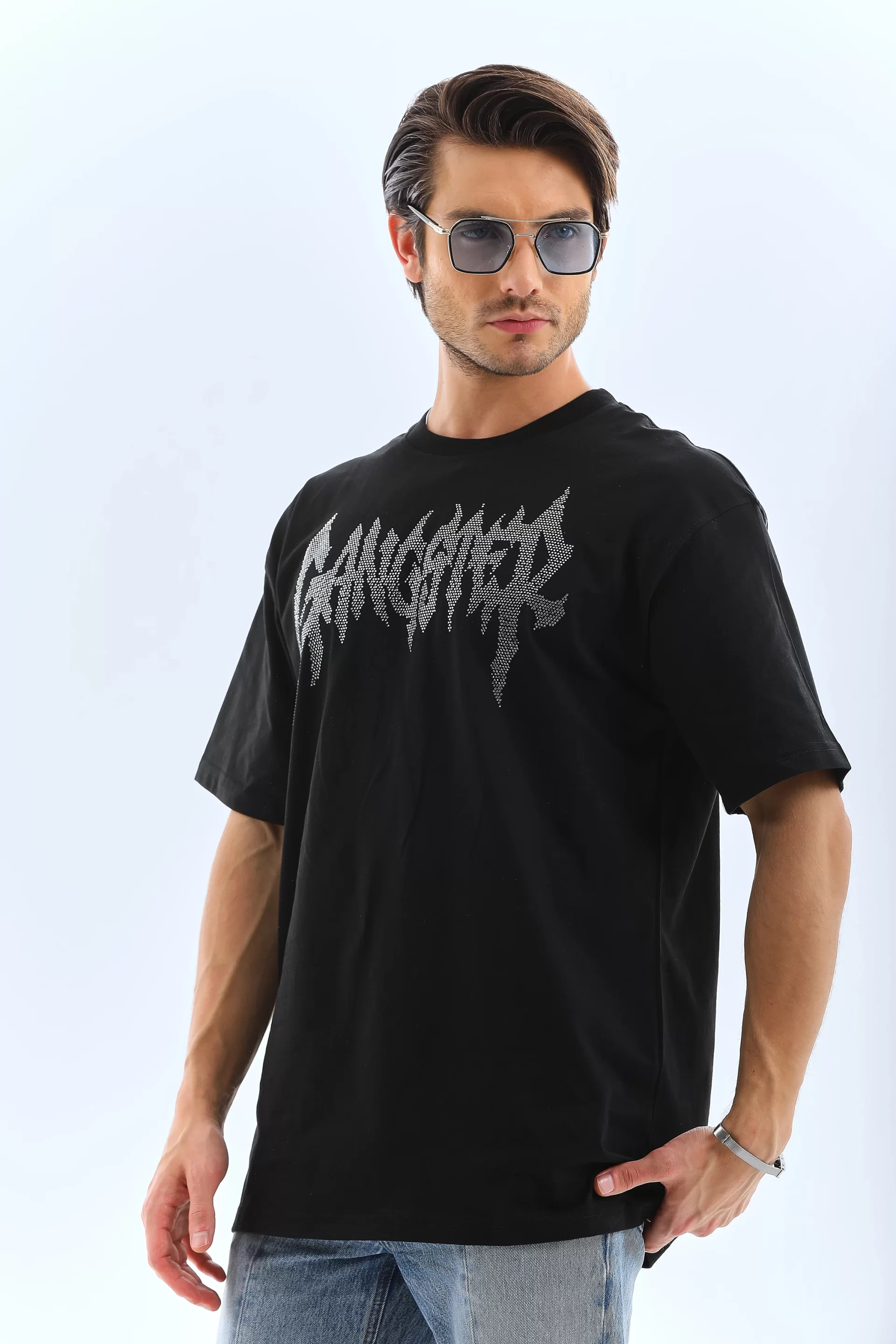 Unisex Oversize Taşlı Bisiklet Yaka T-Shirt - Siyah Görseli