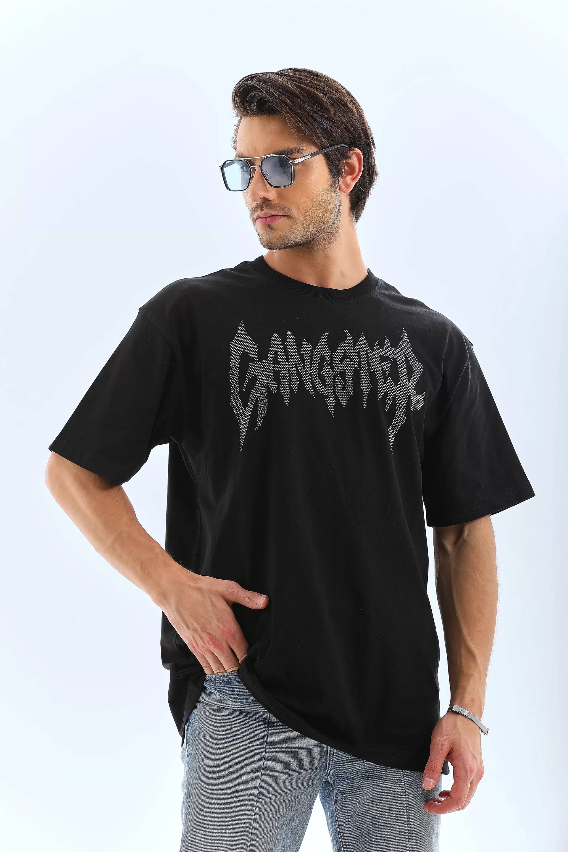 Unisex Oversize Taşlı Bisiklet Yaka T-Shirt - Siyah Görseli