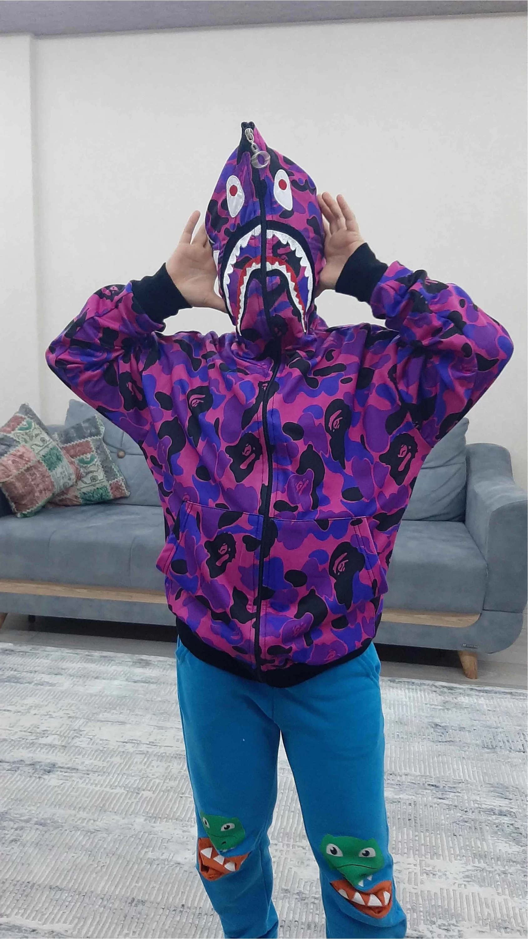 Unisex Pubg Bape x Shark Hoodie - Mor Görseli