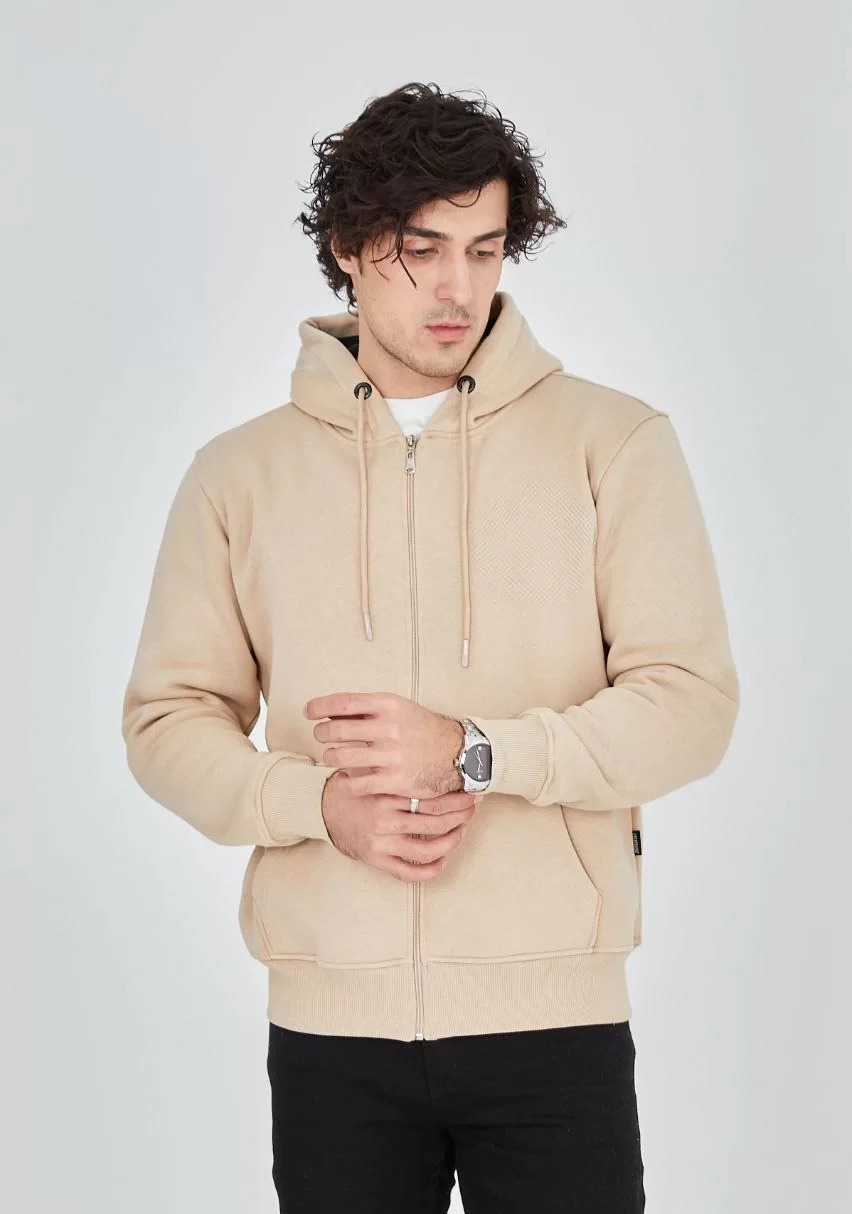Unisex Tam Fermuarlı Kapşonlu SweatShirt - Bej Görseli