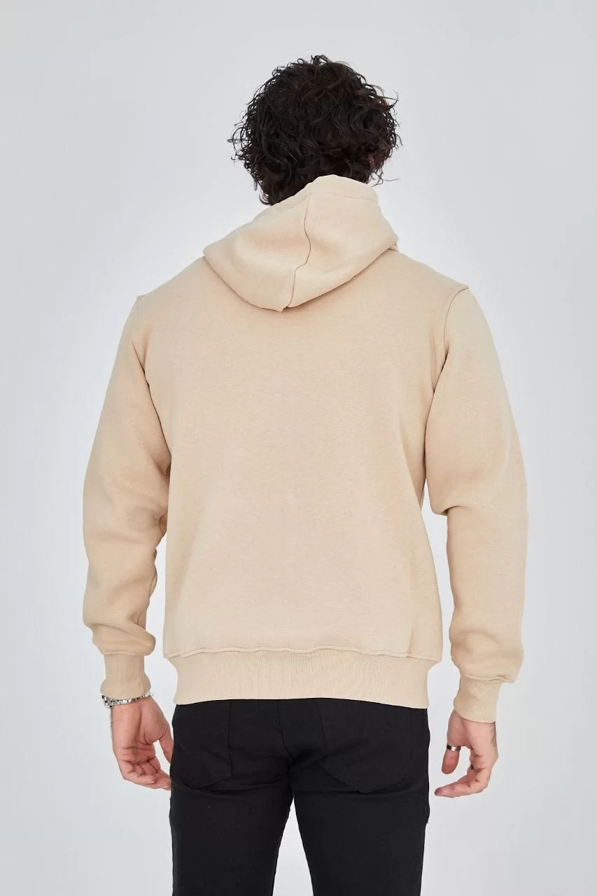 Unisex Tam Fermuarlı Kapşonlu SweatShirt - Bej Görseli