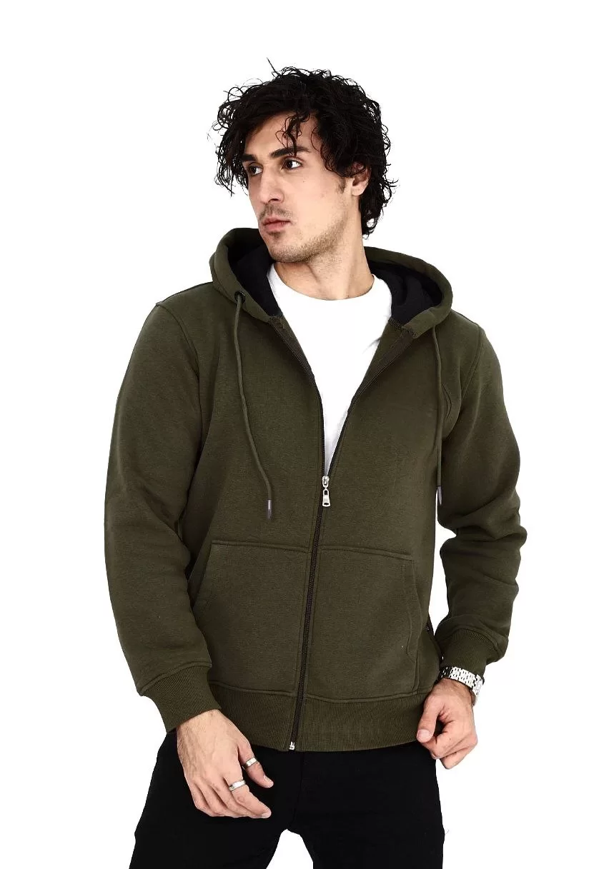 Unisex Tam Fermuarlı Kapşonlu SweatShirt - Haki Görseli