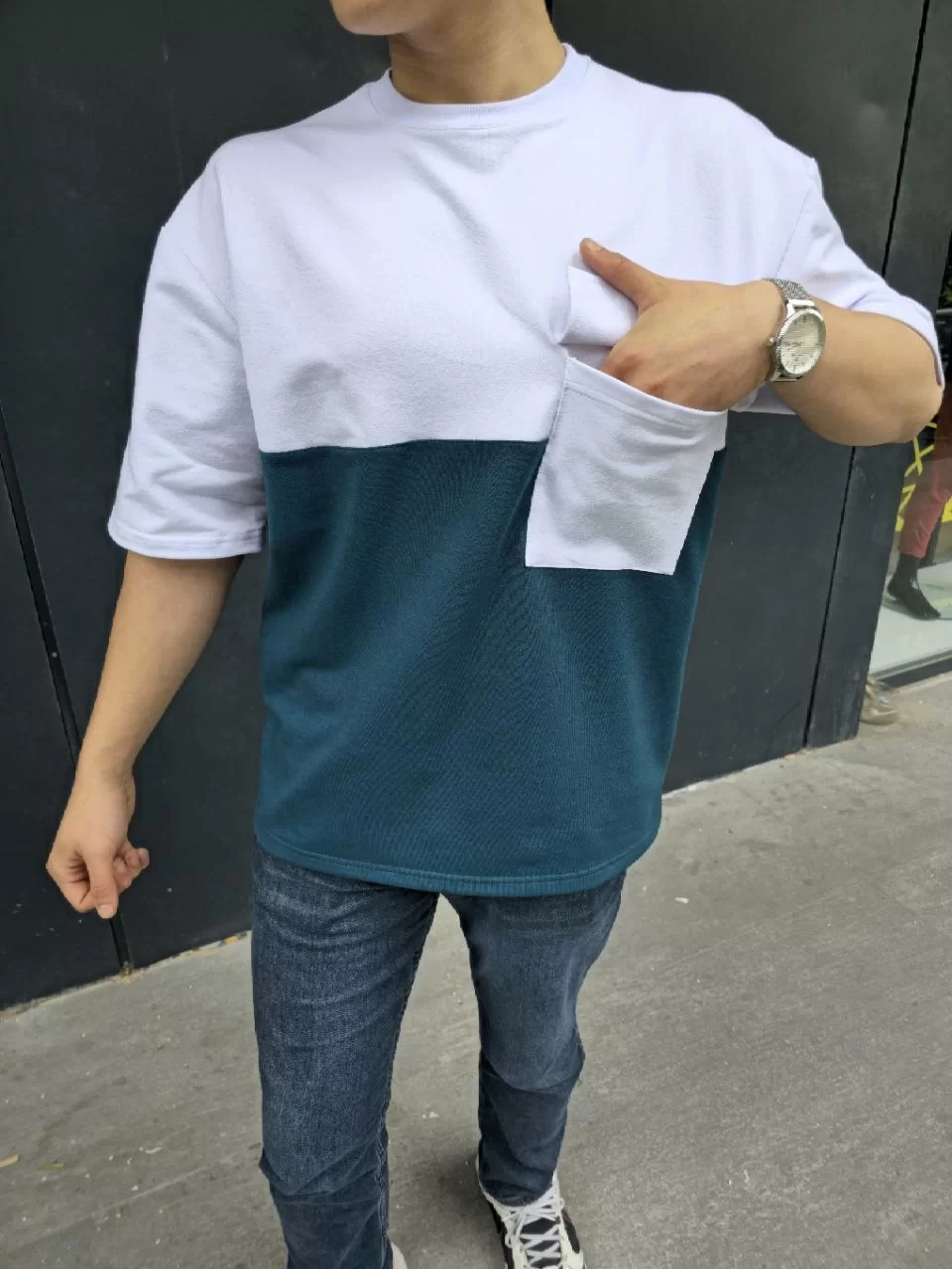 Unisex Torba Cep Detaylı Parçalı T-Shirt - Lacivert Görseli