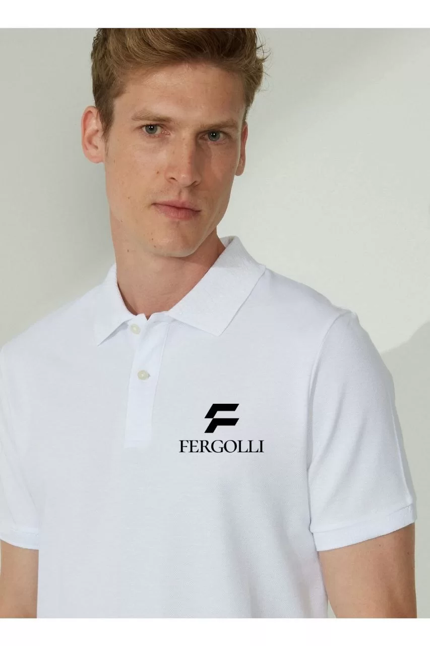 Yakası Düğmeli Yakalı Pike Baskılı T-Shirt - Beyaz Görseli