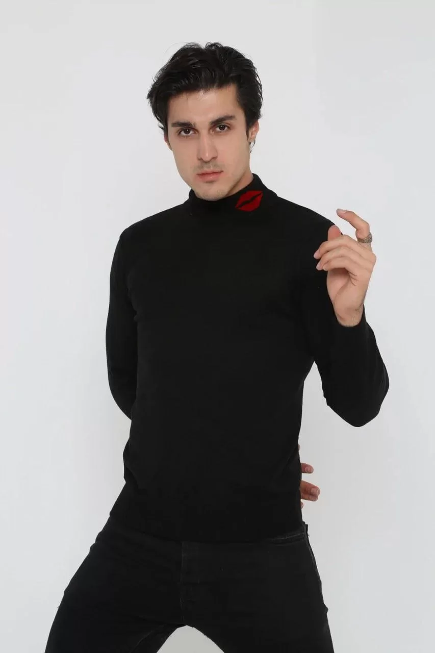 Unisex Yarım Boğazlı Baskılı Dokuma Triko - Siyah Görseli