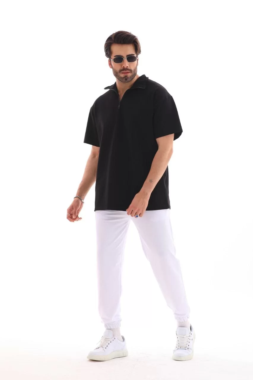 Unisex Yarım Fermuarlı Düz Oversize T-shirt - Siyah Görseli