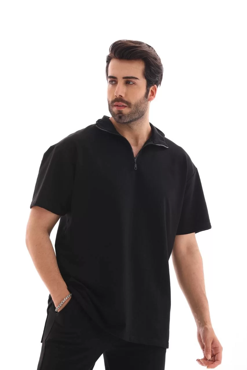 Unisex Yarım Fermuarlı Düz Oversize T-shirt - Siyah Görseli