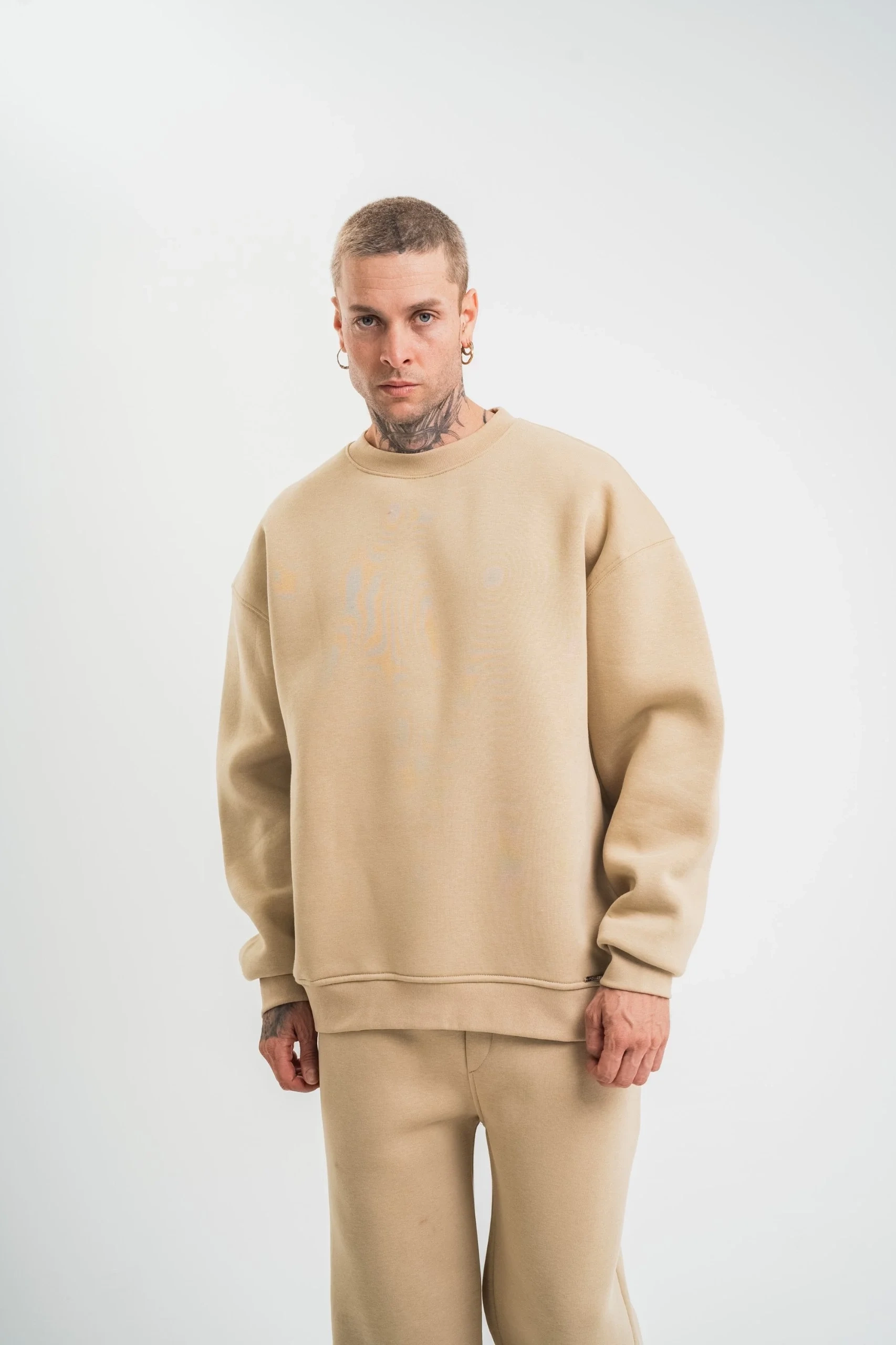 Erkek Uzun Kol Bisiklet Yaka 3 iplik Pamuklu Kışlık SweatShirt  - Bej