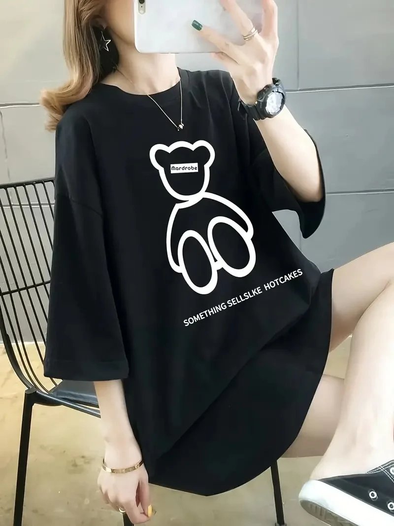 Γυναικείο Μαύρο Oversize Ποδηλατόλαιμο Τυπωμένο Πλεκτό Μπλουζάκι 5