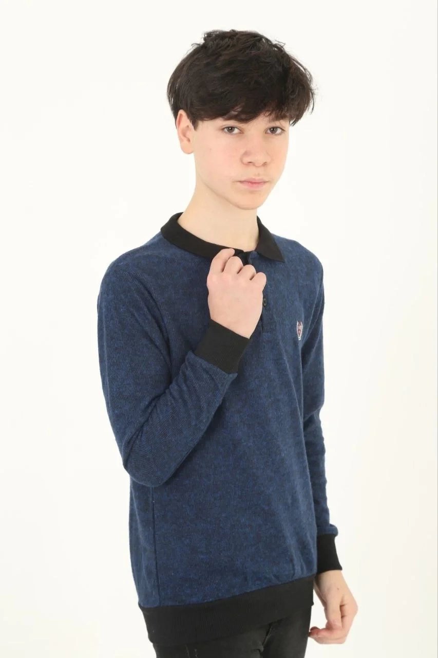 Copil Bleumarin Guler Selanik Brodat Tricot Neted Pulover 2