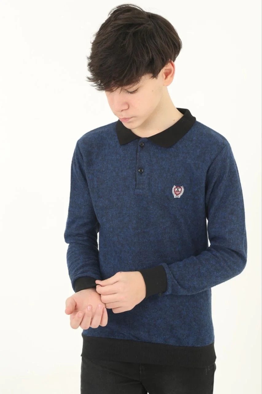 Copil Bleumarin Guler Selanik Brodat Tricot Neted Pulover 3