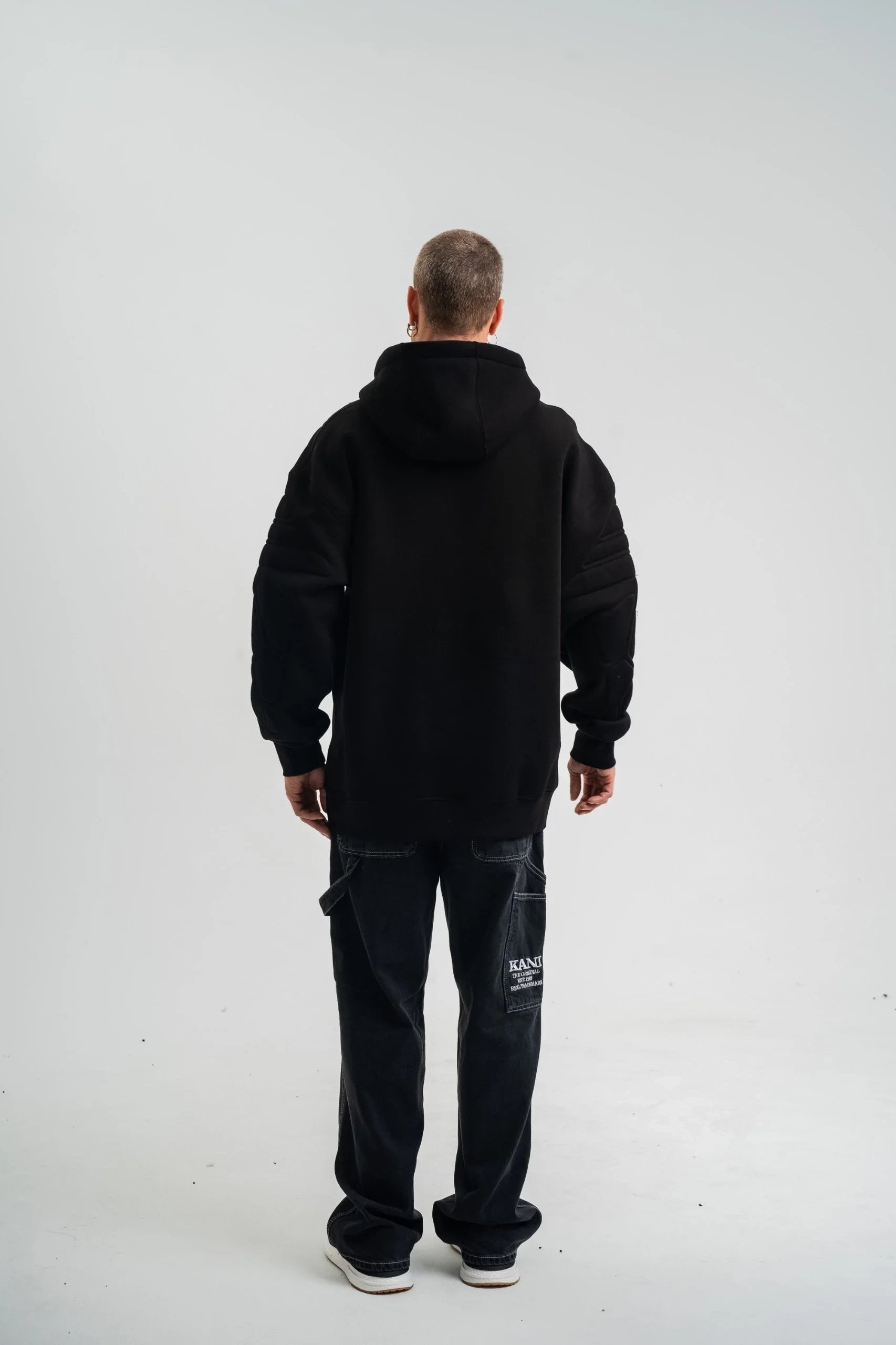 Muški crni oversize 3-nitni pamučni kapuljač s vezom, sweatshirt 7