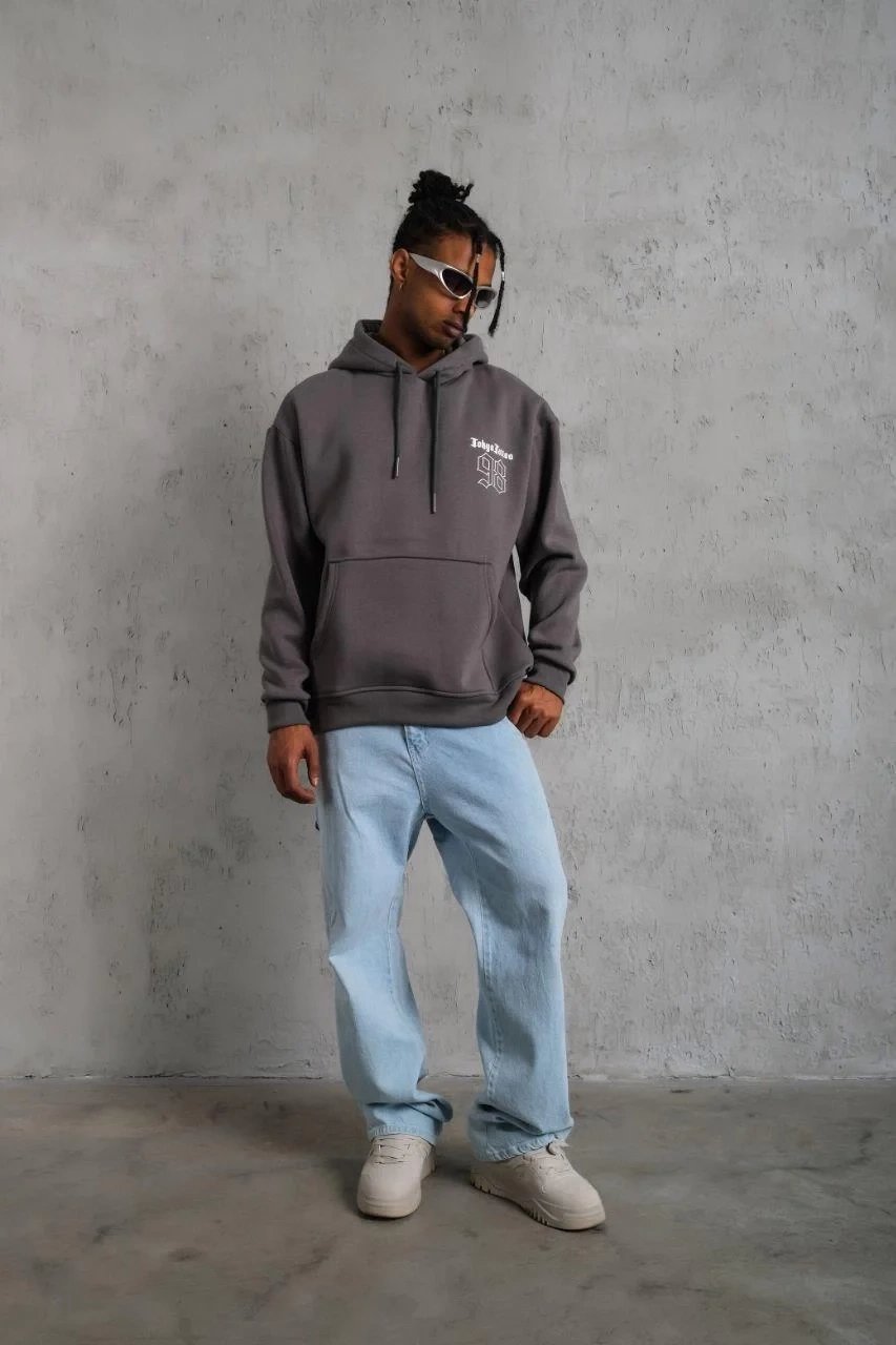 Pánské šedé oversized kapucové 3-nitní bavlněné potištěné mikiny s kapsou 5